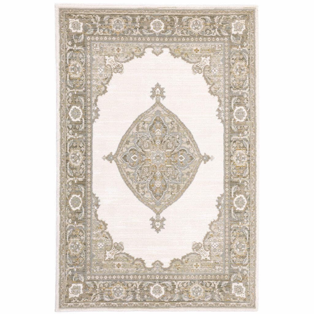 HomeRoots 510148 8 x 10 ft. Beige Ivory Tan Gold Gray & Green Oriental Power Loom Stain Resistant Rectangle Area Rug