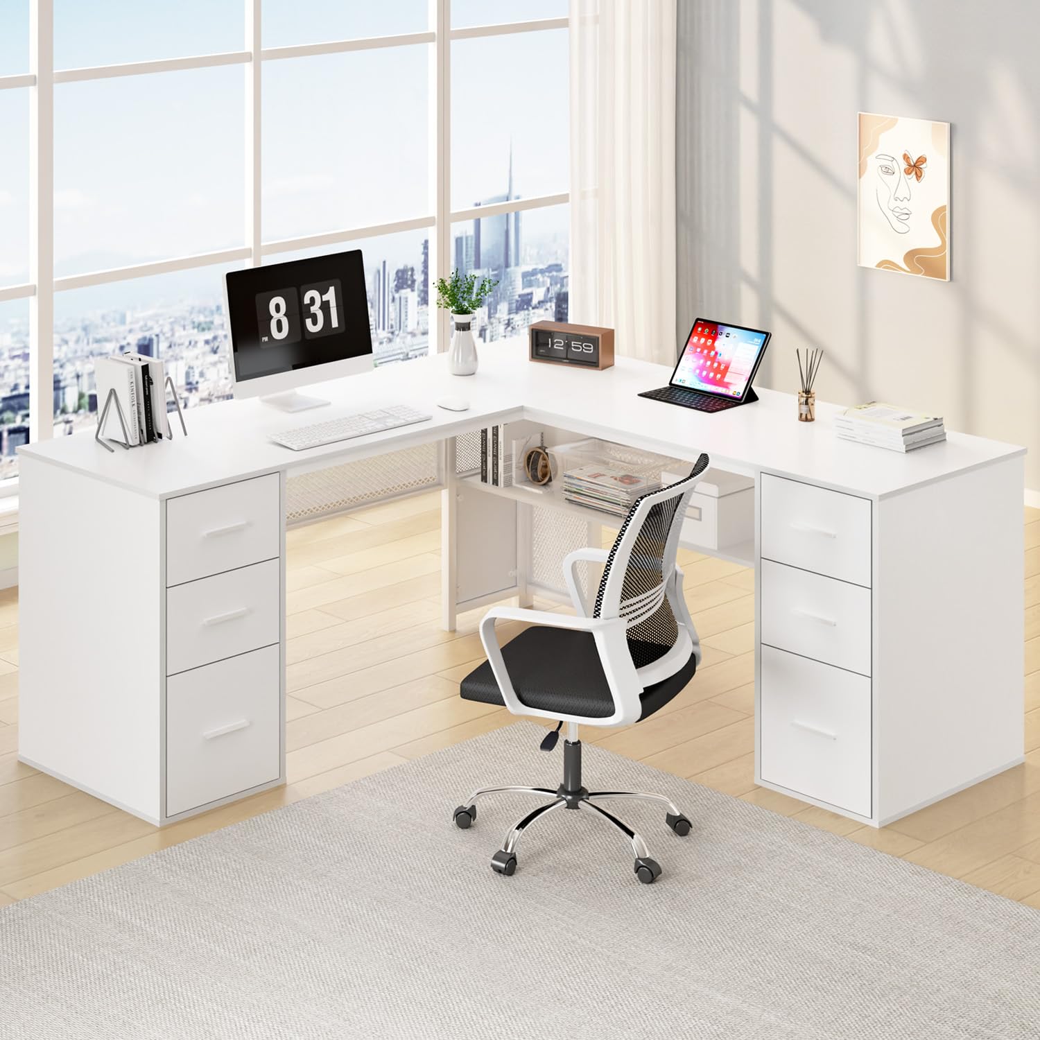 Hsh White L Shaped Desk With Drawers Shelves, Large Home Office Corner Computer Desk With Storage File Cabinet, Modern Metal Wood Desk For Executive Writing Study Workstation, 59 Inch Bedroom Table