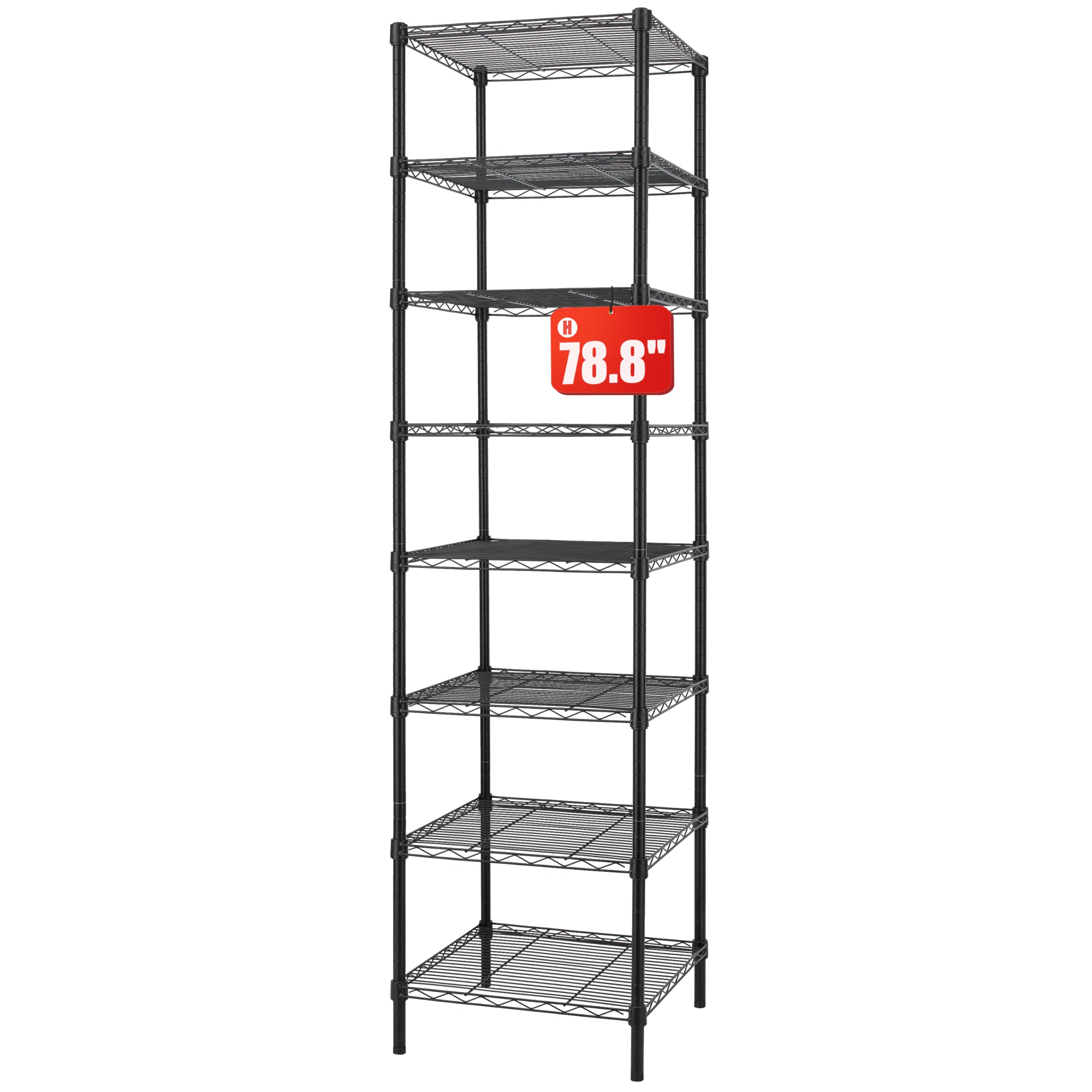 Finnhomy Heavy Duty 8 Tier Wire Shelving, 18X18X78.8 Inches 8 Shelves Storage Rack With Thicken Steel Tube, Pantry Shelves For Storage, Adjustable Metal Shelving Unit, Nsf Certified, Black