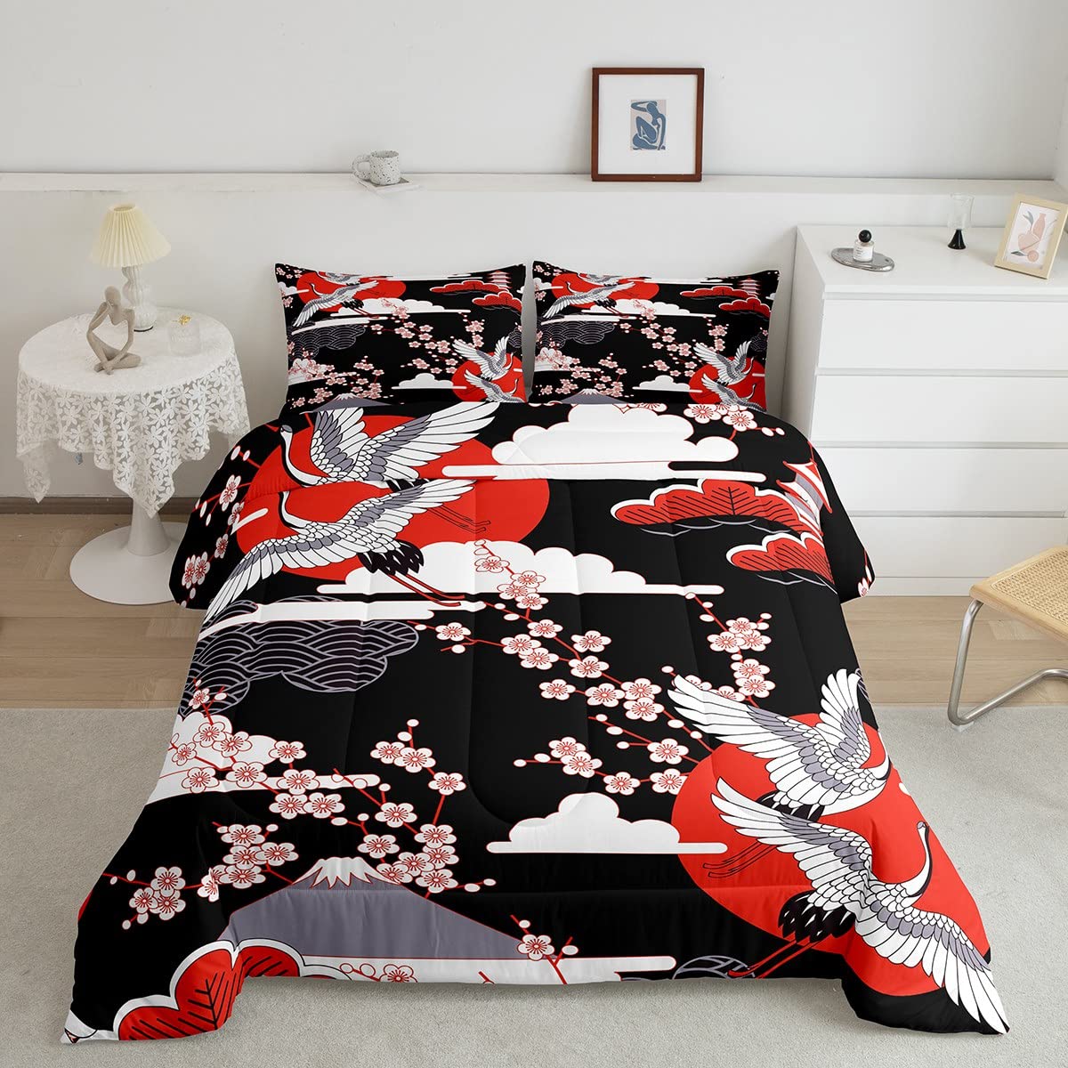 Japanese-Style Comforter Set Full Size Crane Printed Cherry Blossoms Decor Down Comforter, for Adult Women Girls Teens Japanese 