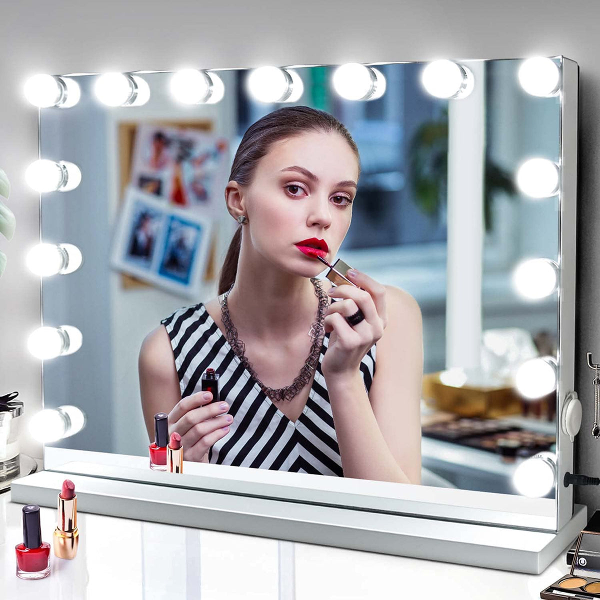 M MIVONDA Vanity Makeup Mirror with Lights: Hollywood Mirror with 15LED Bulbs - Large 23   x19    Desk Mirror for Wall, Dimmable