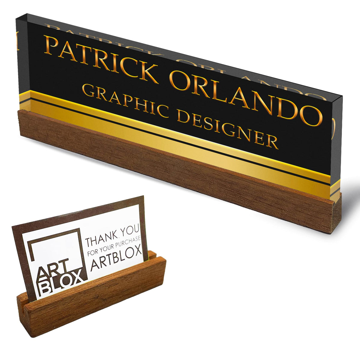 Artblox Personalized Office Desk Name Plate With Business Card Holder | Clear Acrylic Glass With Teak Wood Stand | Black Gold St