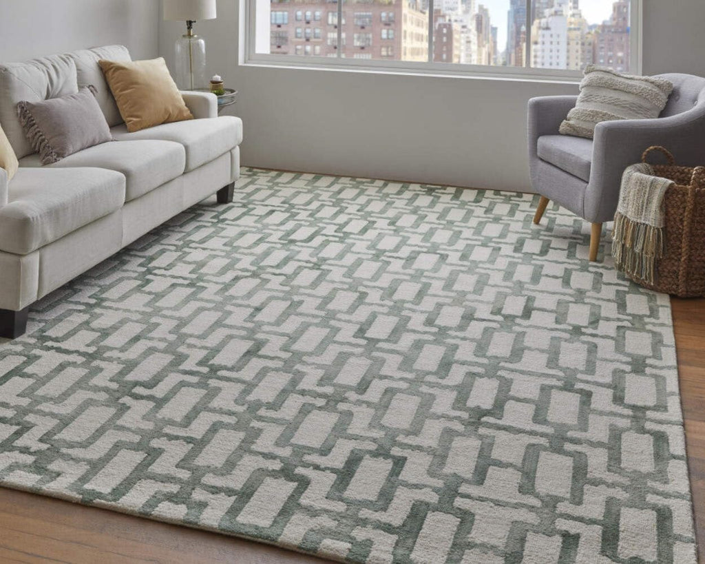HomeRoots 511100 8 x 11 ft. Ivory & Green Wool Geometric Hand Tufted Handmade Rectangle Area Rug