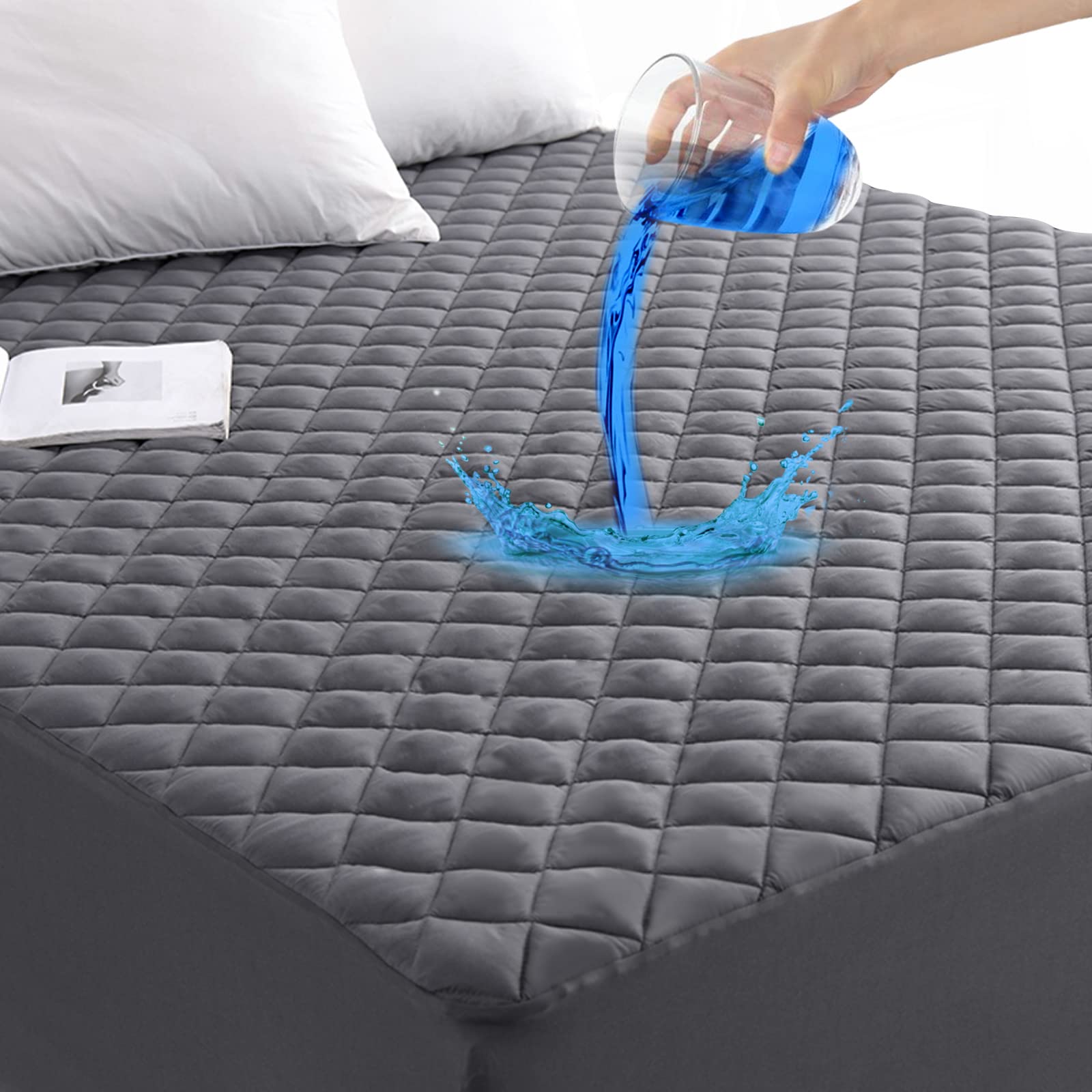 Grt Queen Size Grey Quilted Fitted Mattress Pad, 100% Waterproof Breathable Mattress Protector, Noiseless Hollow Cotton Mattress