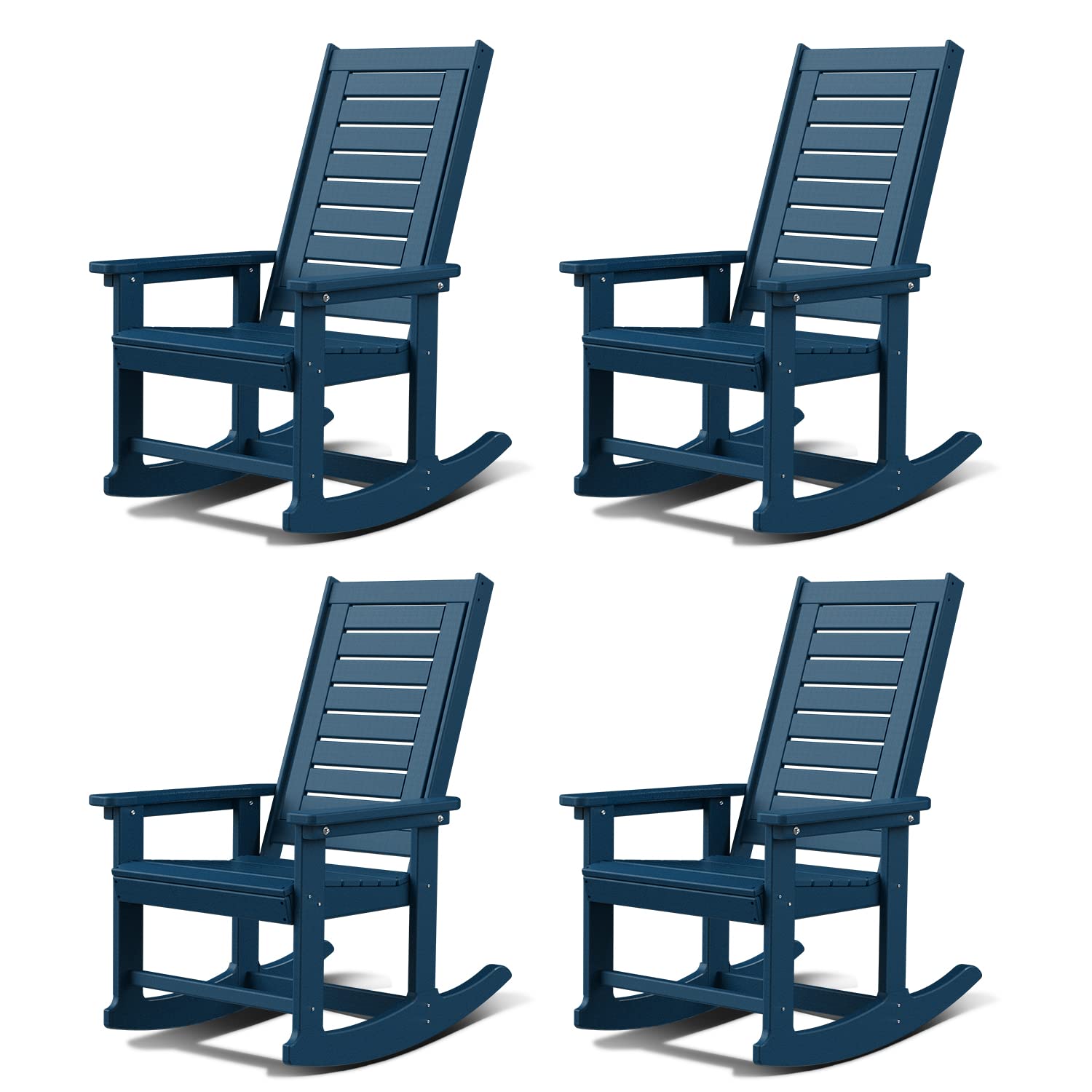 Greenvines Outdoor Rocking Chairs | Set Of 4 | Porch Rocker | Hdpe Plastic | Blue | Oversized Rockers | High Back | Big & Tall | Ladder Back | For Patio Outside Backyard Balcony Garden