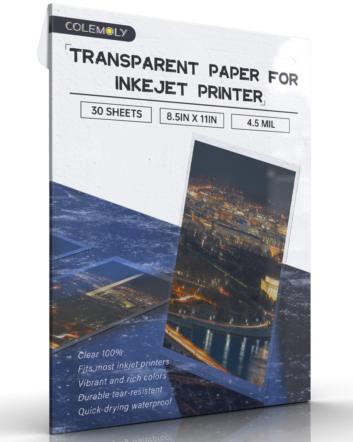 Colemoly Transparency Sheets Transparent Paper 30 Sheets Inkjet Transparency Film Inkjet Printer (100% Clear) Acetate Sheets Cle