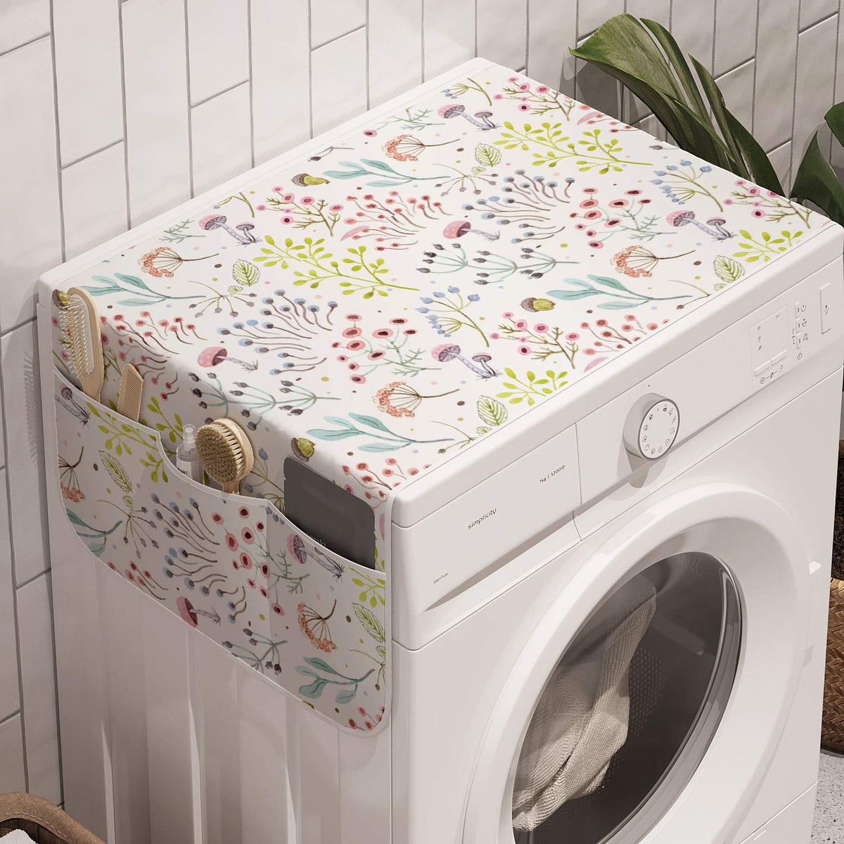 Ambesonne Colorful Washing Machine Organizer Pack Of 2, Pastel Toned Watercolor Arrangement With Mushrooms And Wildflowers Dotte