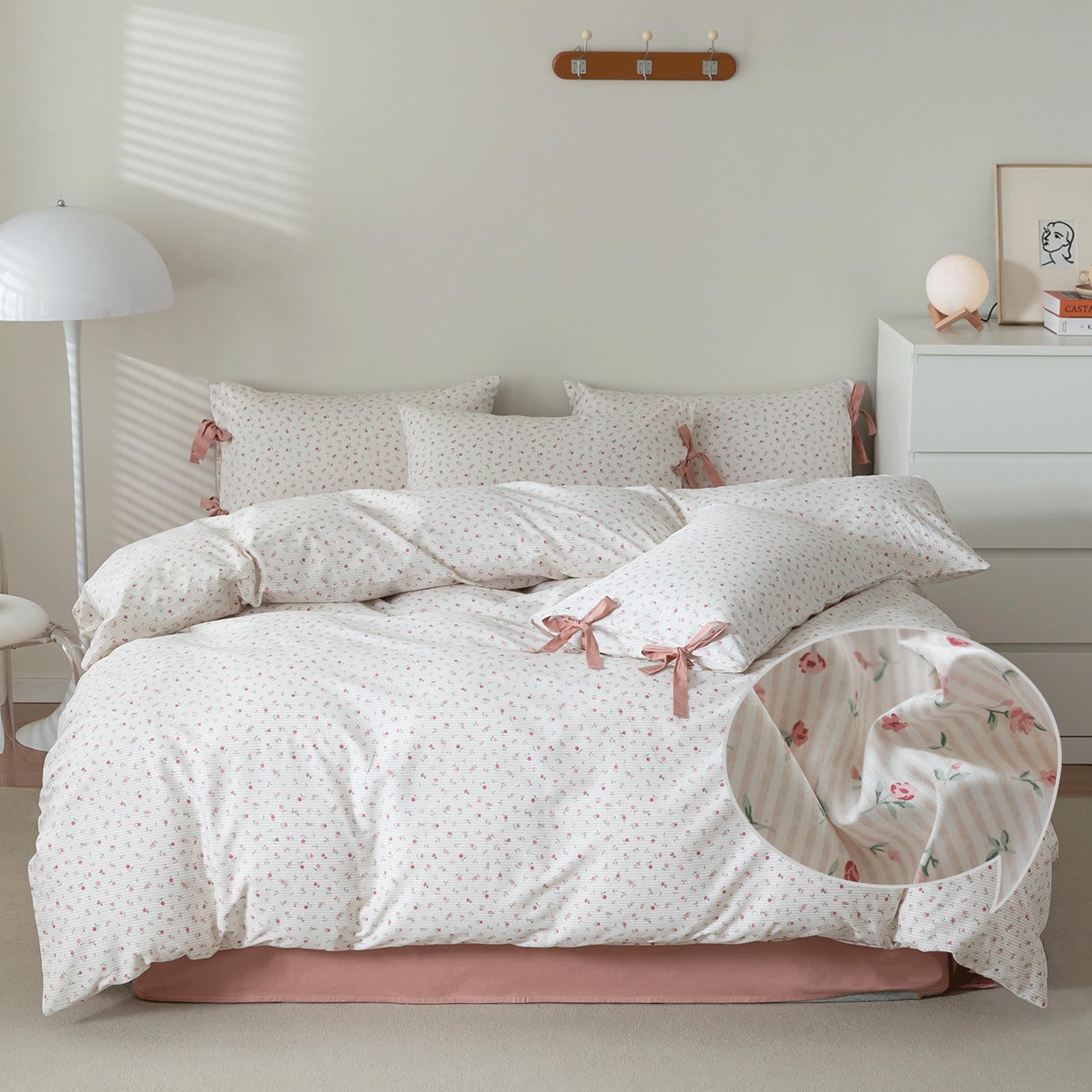 Vm Vougemarket Rose Flower Duvet Cover Queen Pink Stripes Bedding Set 100% Cotton Vintage Country Style Girls Comforter Cover Wi