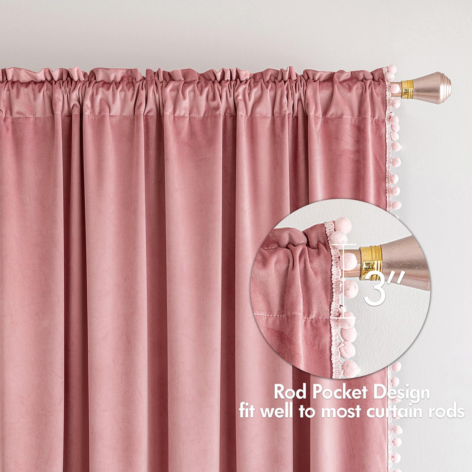 Miulee Blush Pink Pom Pom Velvet Curtains For Bedroom/Living Room Darkening Thermal Insulating 96 Inches Long Blackout Curtains