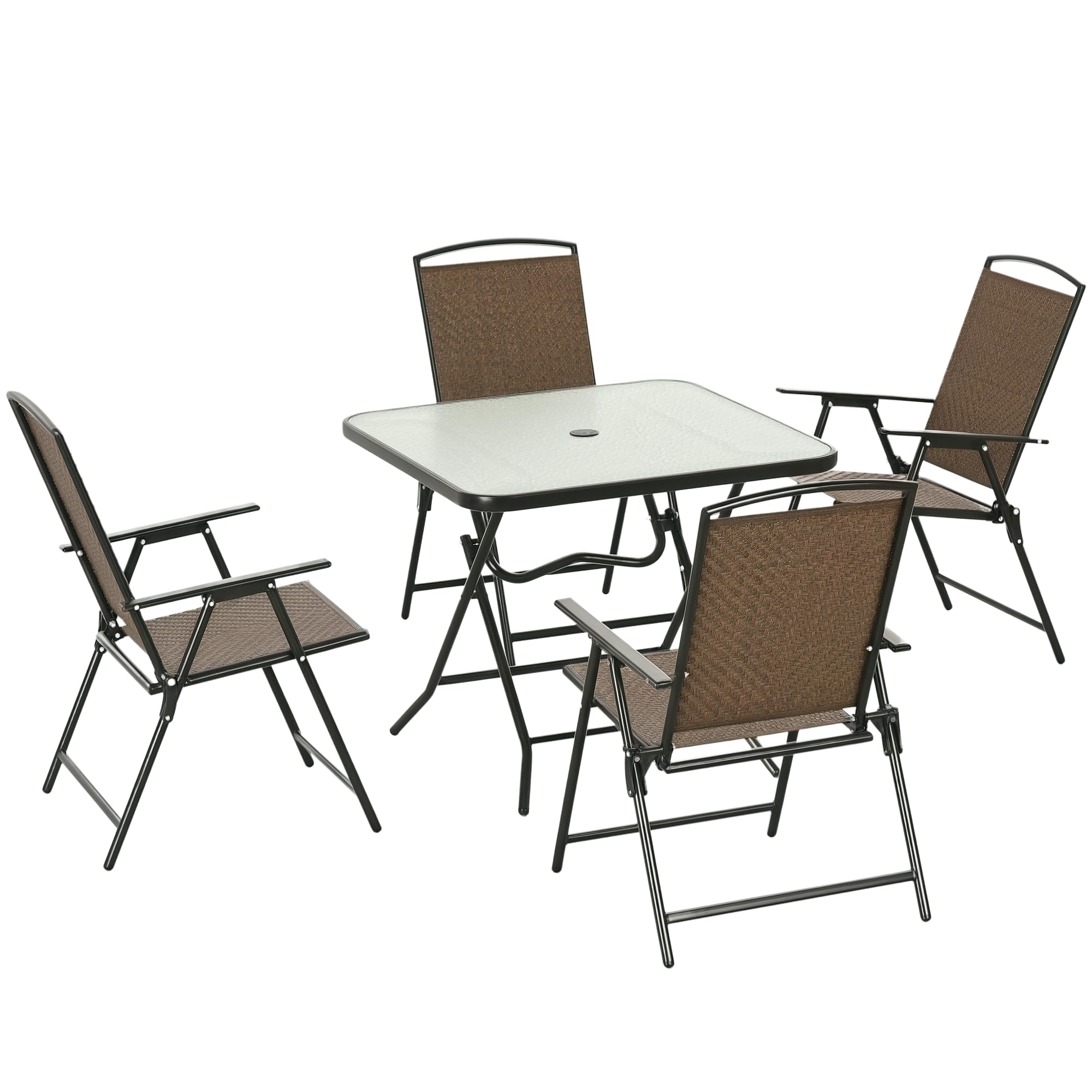 Outsunny 5 Pieces Wicker Patio Dining Set, Foldable Outdoor Table and Chairs, Wicker Furniture Dining Set with Umbrella Hole, Te