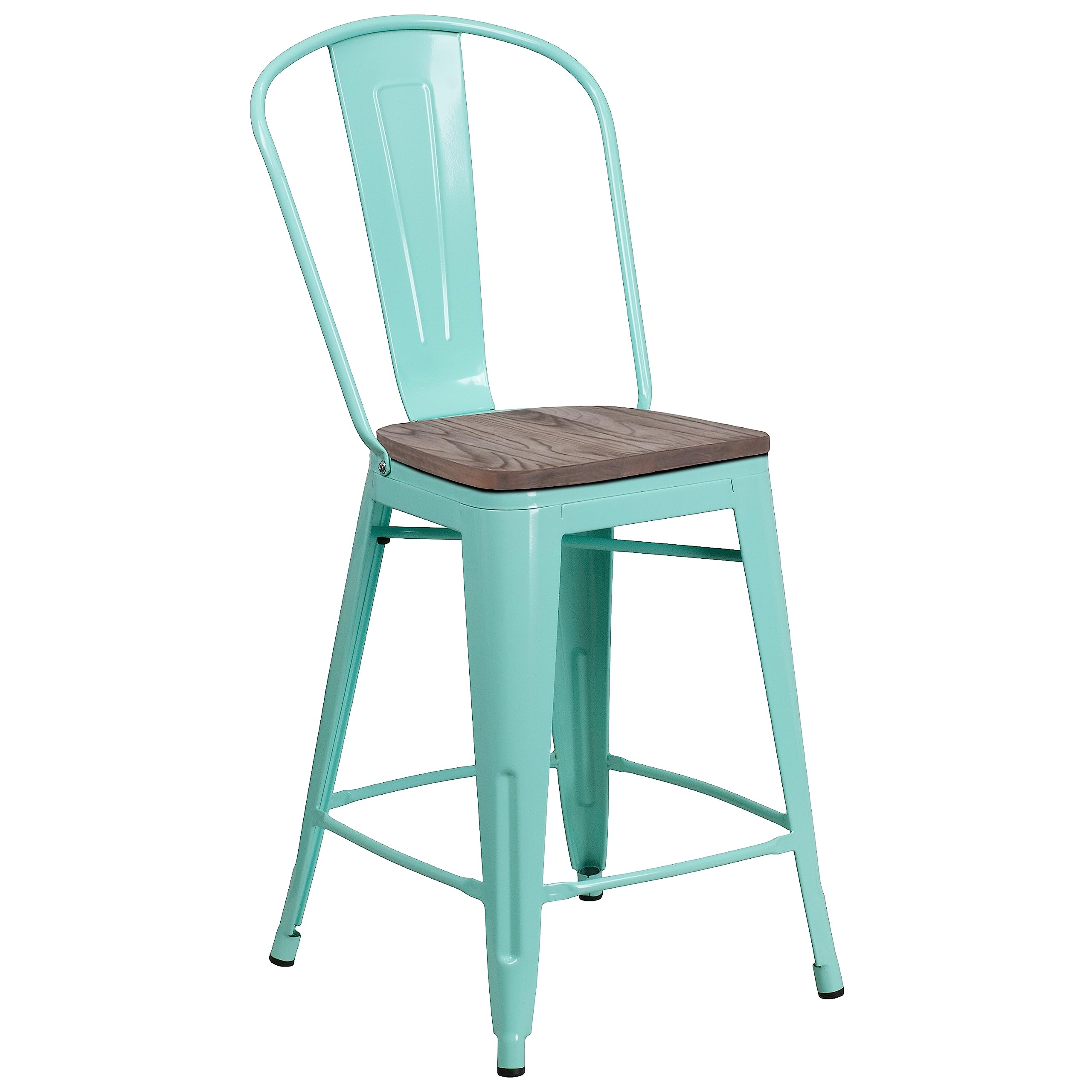 Flash Furniture Carly 24' High Mint Green Metal Counter Height Stool With Back And Wood Seat