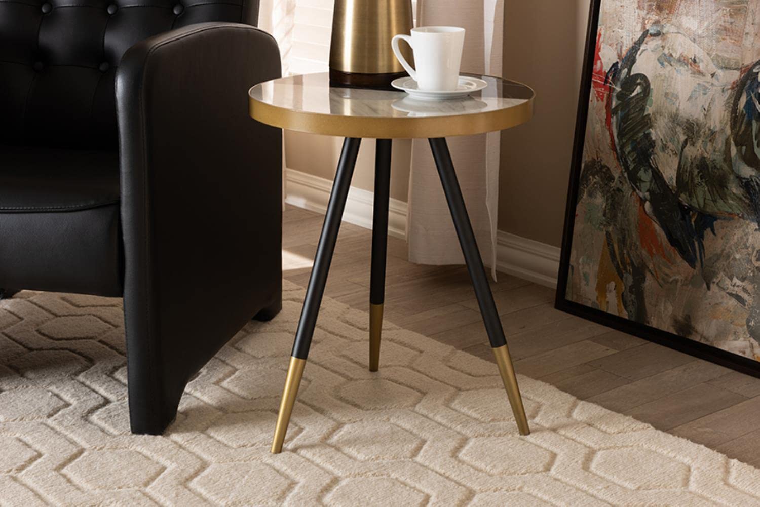 Baxton Studio Lauro Modern and Contemporary Round Glossy Marble and Metal End Table with Two-Tone Black and Gold Legs