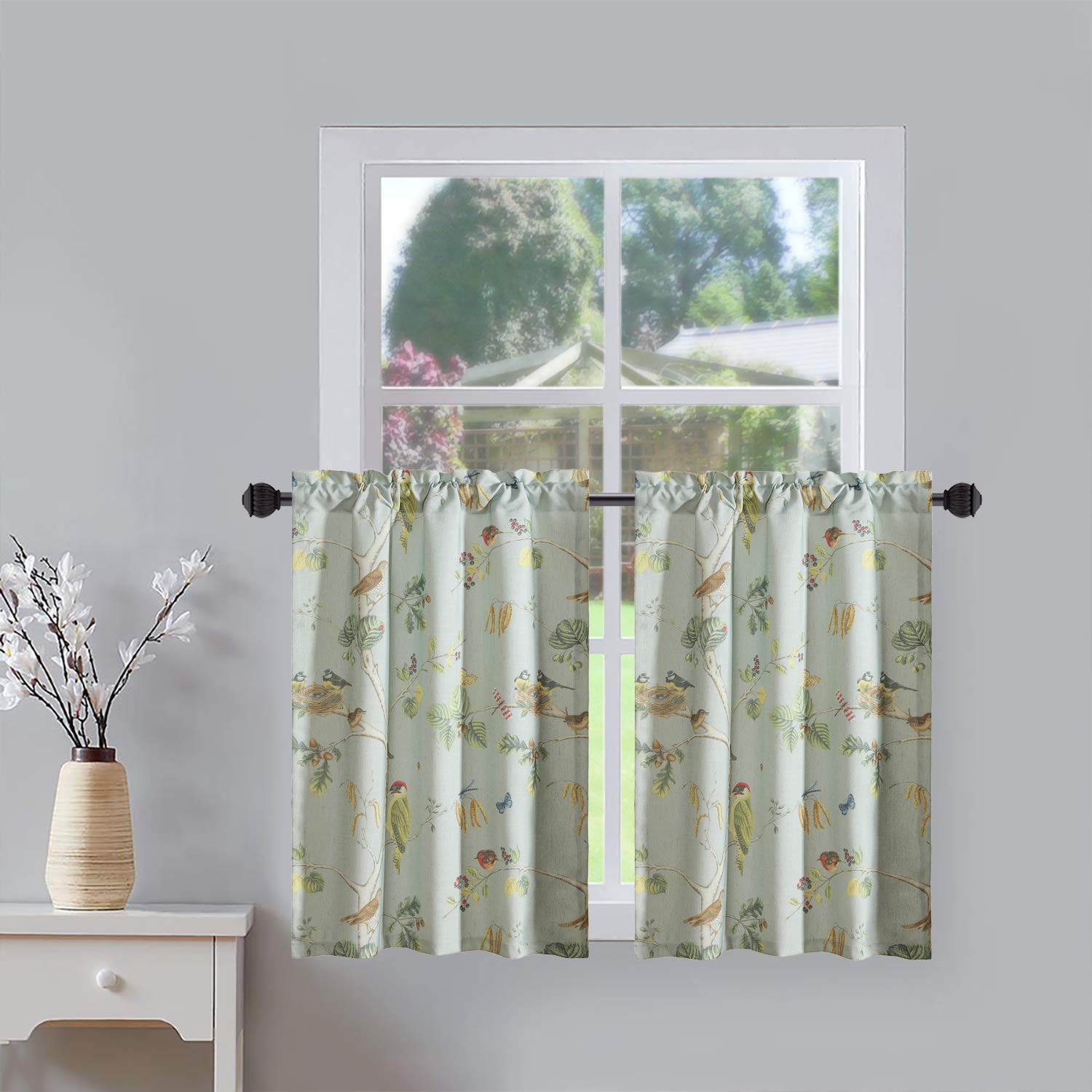 Leeva Sky_Blue Kitchen Tiers Window Curtains For Cafe Studio Birds And Trees Print Pattern, Country Rustic Style Rod Pocket Prin