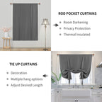 Dwcn Blackout Curtains-Tie Up Shade For Window Thermal Insulated Room Darkening Rod Pocket Curtains For Kitchen, Dark Grey, W42