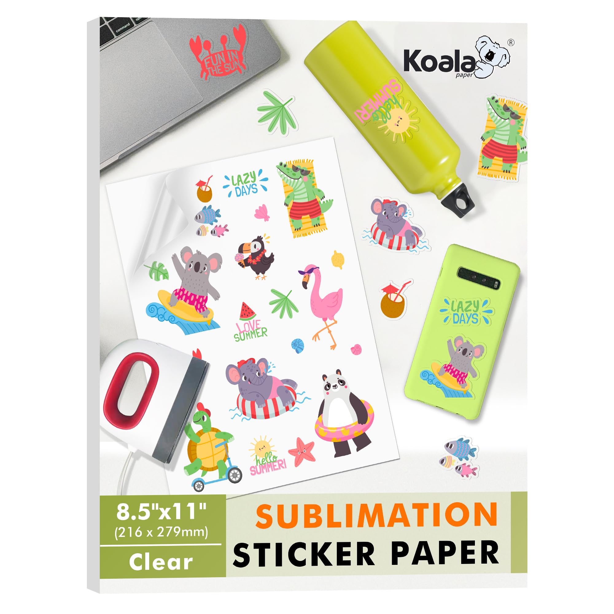Koala Sublimation Sticker Paper 100% Transparent Waterproof Vinyl 8.5X11 Inch 25 Sheets, Quick Dry Vivid Colors Holds Ink Well