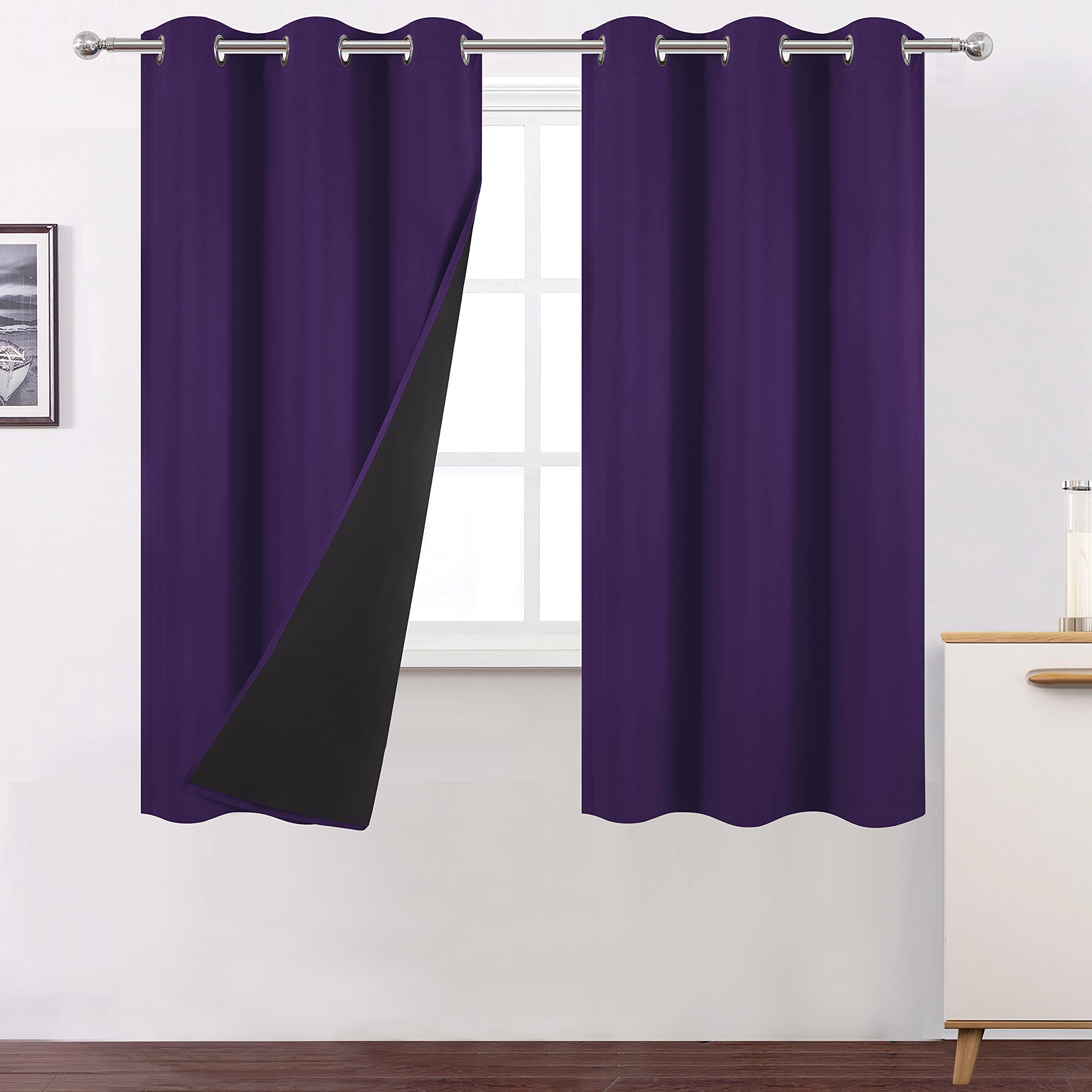 LEMOMO 100% Blackout Curtains 40 x 63 Inch/Purple Curtains 2 Panels with Black Liner/Double Layer Full Room Darkening Bedroom Cu