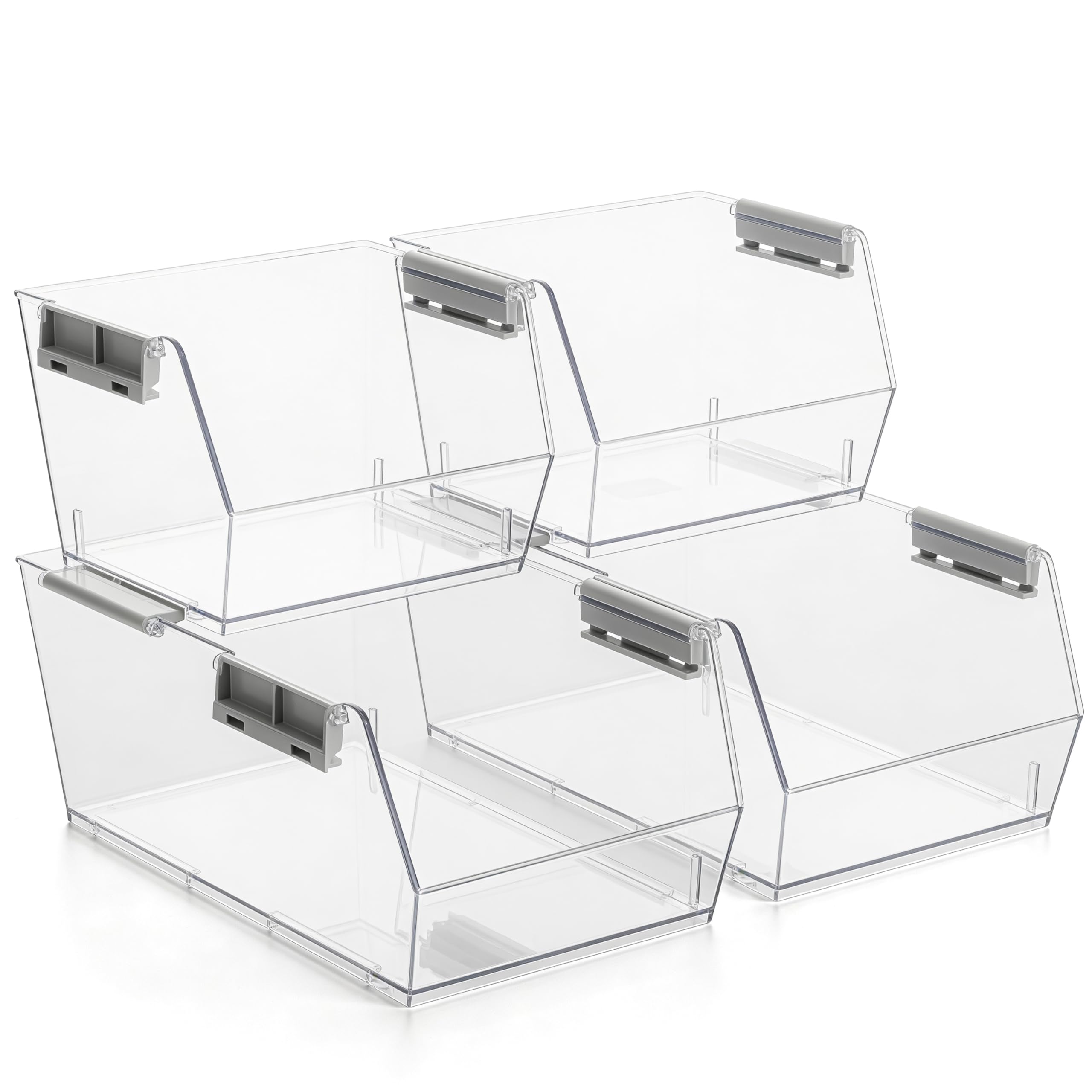 HOMESTEAD Set of 4 Stackable Storage Bins, 2 Large + 2 Small Clear Plastic Organizer Bins, Open Front Design for Kitchen Pantry,
