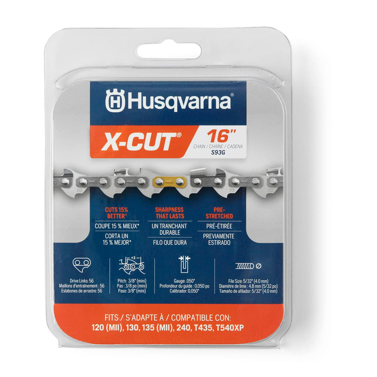 Husqvarna X-Cut S93G 16 Inch Chainsaw Chain, 3/8' Mini Pitch, 050' Gauge, 56 Drive Link Chainsaw Blade Replacement, Pre-Stretc