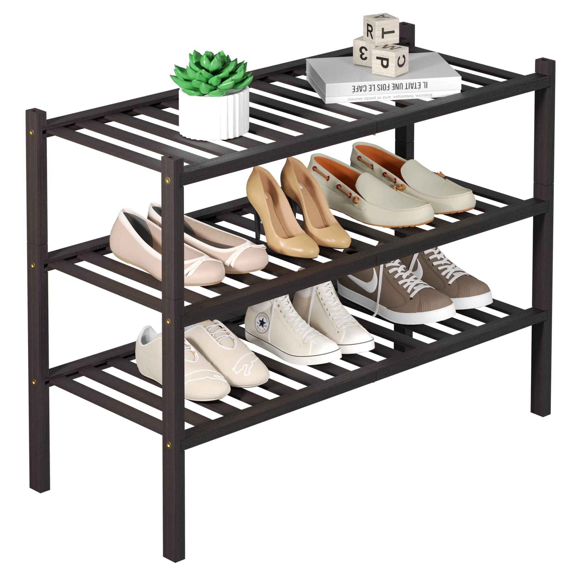 Romguar Craft 3 Tier Bamboo Shoe Rack For Closet Free Standing Wood Shoe Shelf For Entryway Small Space Stackable 27'X11'X20' (Brown)