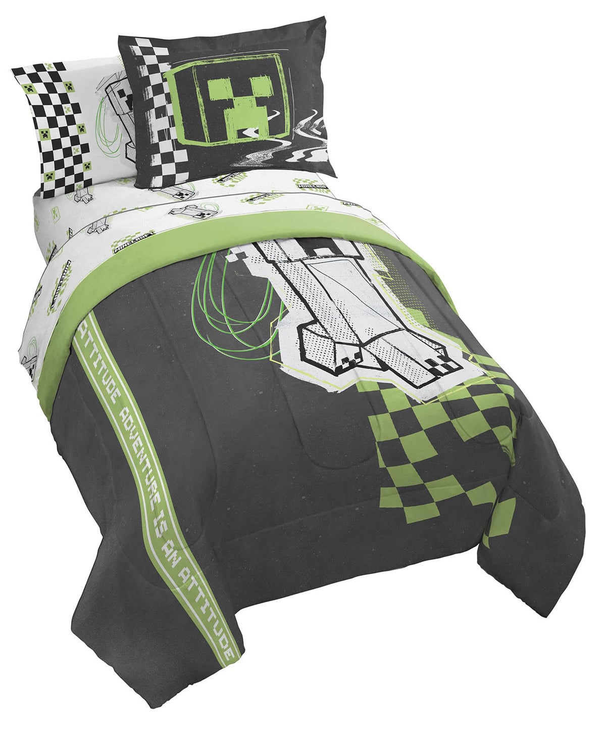Jay Franco Minecraft Creeper Full Size Comforter Set - 7 Piece Bedding Includes Sheet Set & Pillow Covers - Super Soft Green & G
