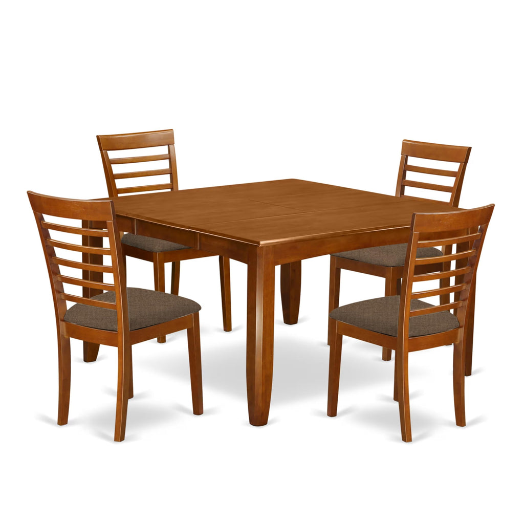 East West Furniture PFML5-SBR-C 5 Piece Dining Set Includes a Square Dining Room Table with Butterfly Leaf and 4 Linen Fabric Upholstered Kitchen Chairs, 54x54 Inch, Saddle Brown