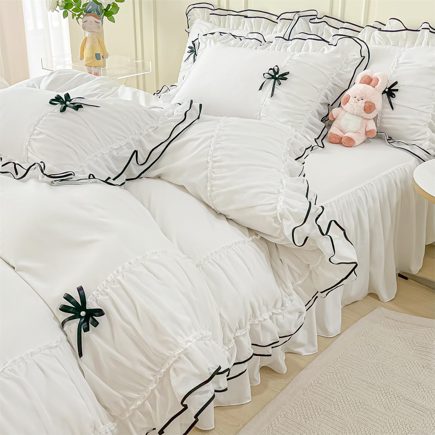 Ihoustriy White Duvet Cover Full Size, Ruffle Beddding Set With Bowtie, 3 Pieces Kid Comforter Cover Set With Zipper Closure, Gi