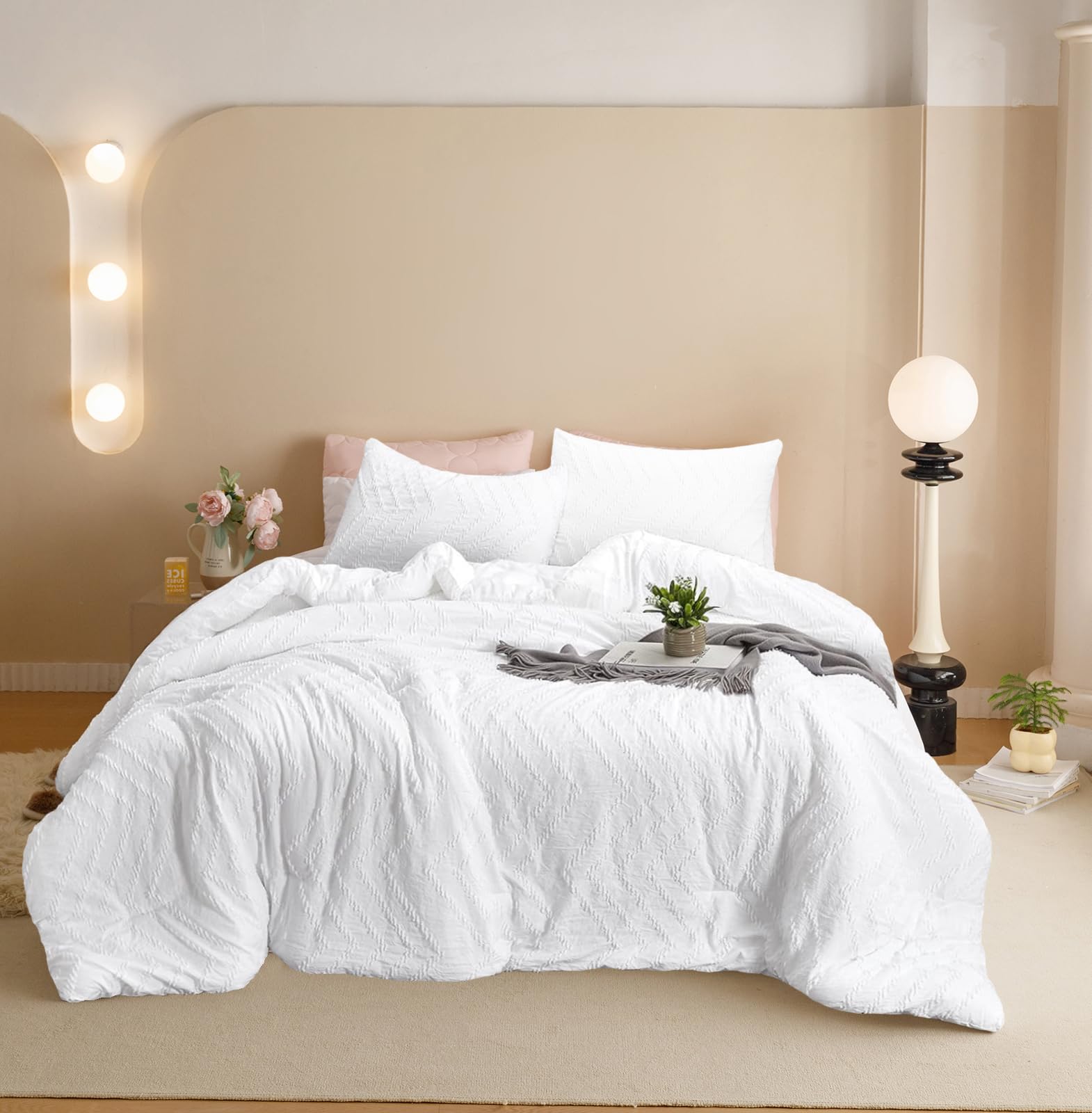 Houseri White Comforter Set Queen Boho Comforter Sets Full Size White Tufted Jacquard Bedding Sets Queen Women Girls Plain White