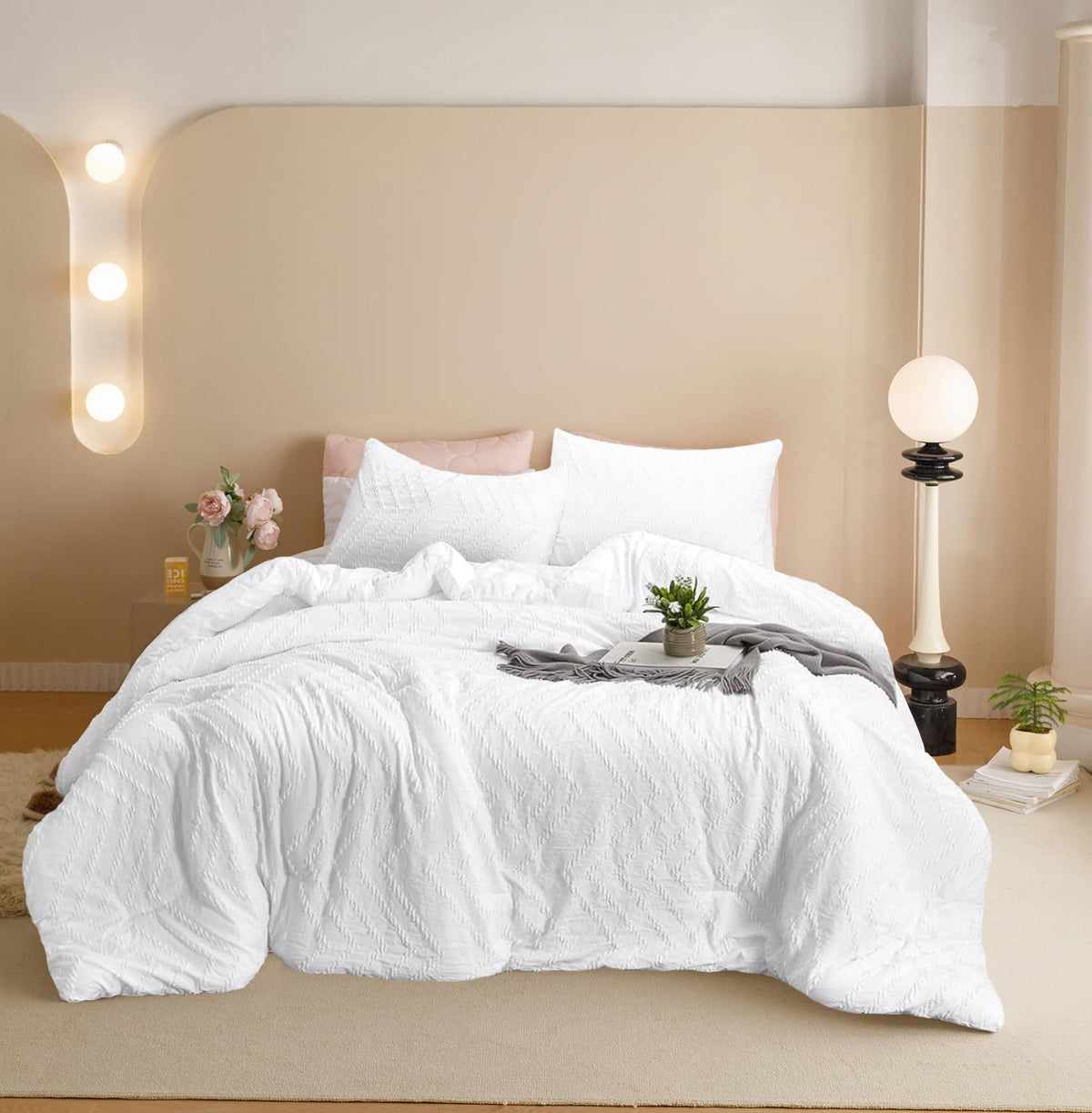 Houseri White Comforter Set King Boho Jacquard Bedding Tufted Solid White Comforter King Size All White Shabby Chic Bedding Comf