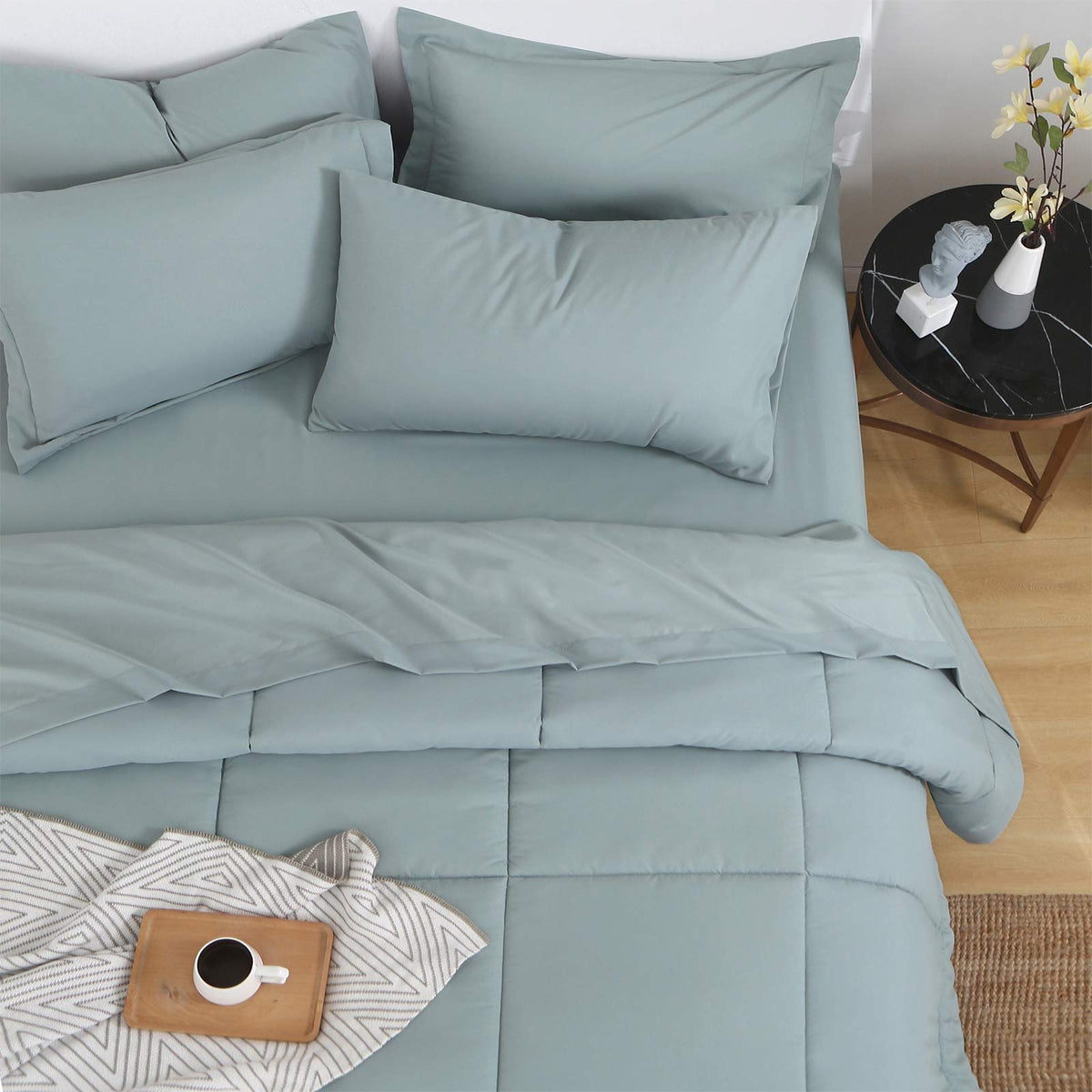 Emme King Bedding Comforter Set Aqua Blue 7-Pieces, Down Alternative Brushed Microfiber Bedding Comforter Set With Sheets, Ultra