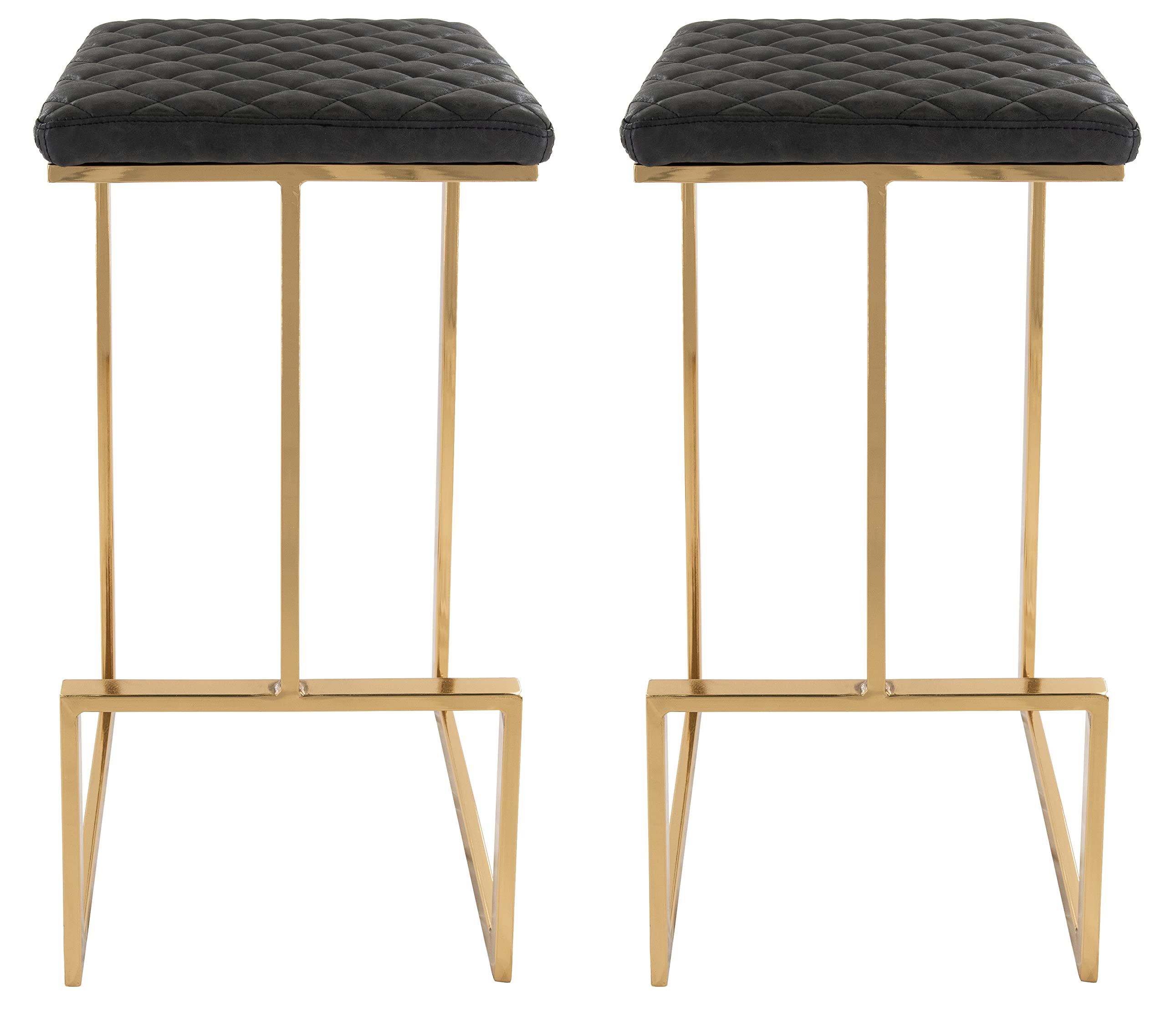 Leisuremod Quincy Quilted Stitched Leather Kitchen Counter Bar Stools With Gold Metal Frame Set Of 2 (Charcoal Black)