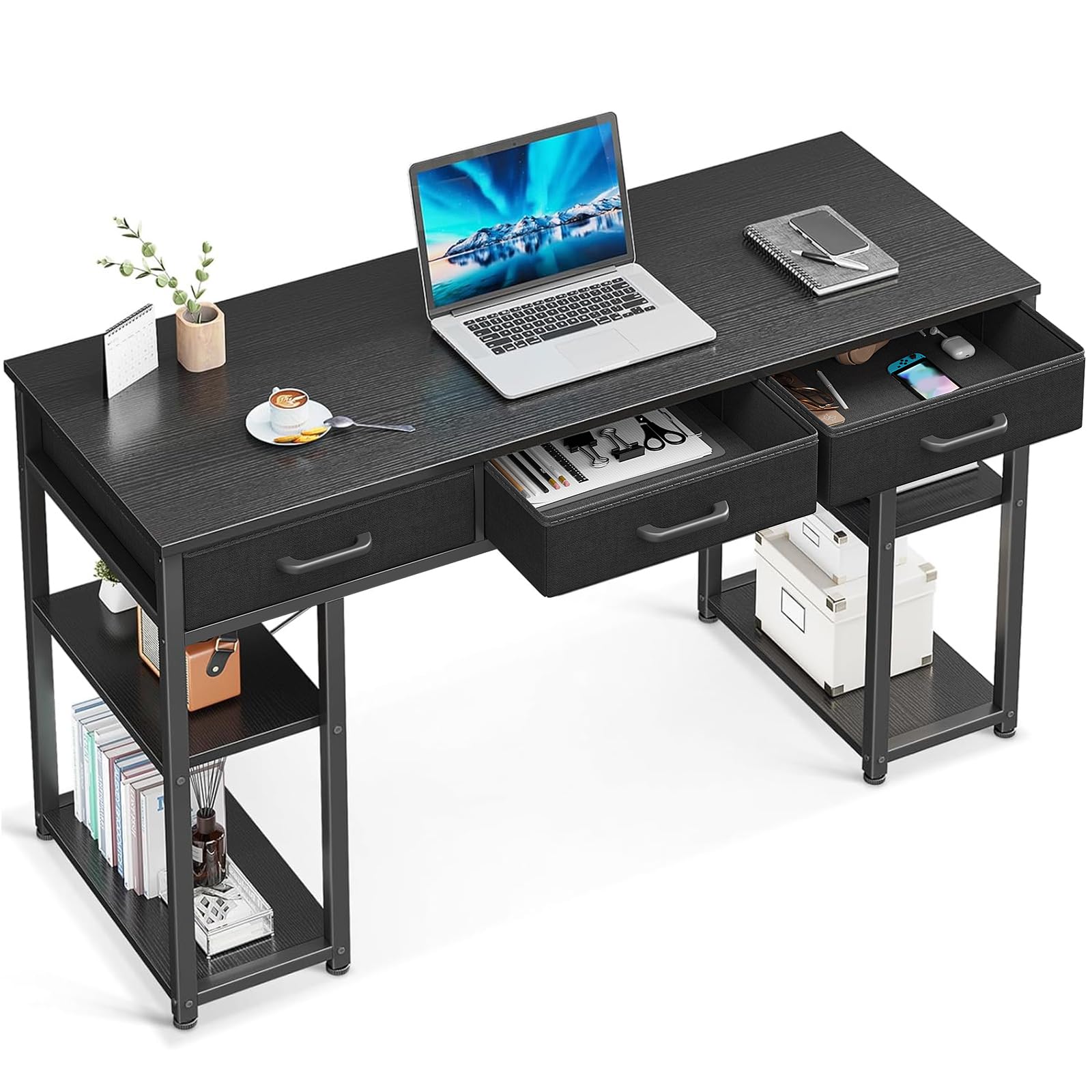 Odk Office Small Computer Desk: Home Table With Fabric Drawers & Storage Shelves, Modern Writing Desk, Black, 48'X16'