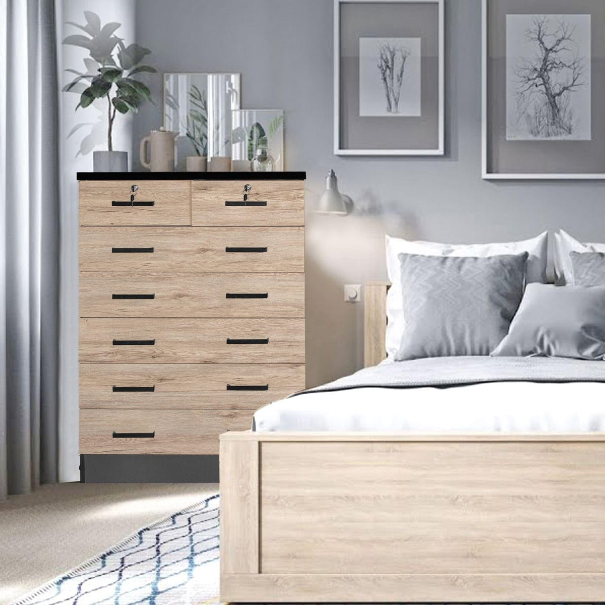 Better Home Products Cindy 7 Drawer Chest Wooden Dresser With Lock (Dark Grey & Natural Oak), Large, Wc7Chest