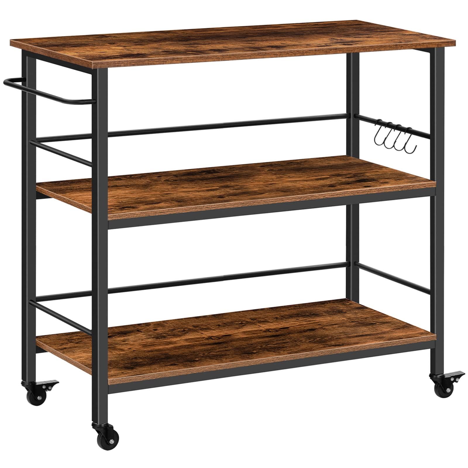 Hoobro Kitchen Island With Storage,Industrial Kitchen Counter With Hooks And Side Enclosures, 3 Tier Kitchen Cart With Large Wor