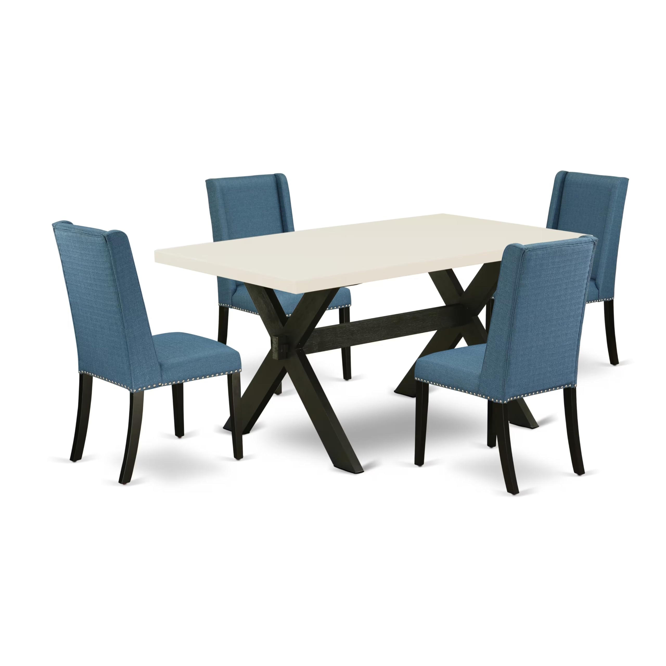 East West Furniture X626Fl121-5 5 Piece Dining Table Set For 4 Includes A Rectangle Kitchen Table With X-Legs And 4 Blue Linen Fabric Parson Dining Room Chairs, 36X60 Inch, Multi-Color