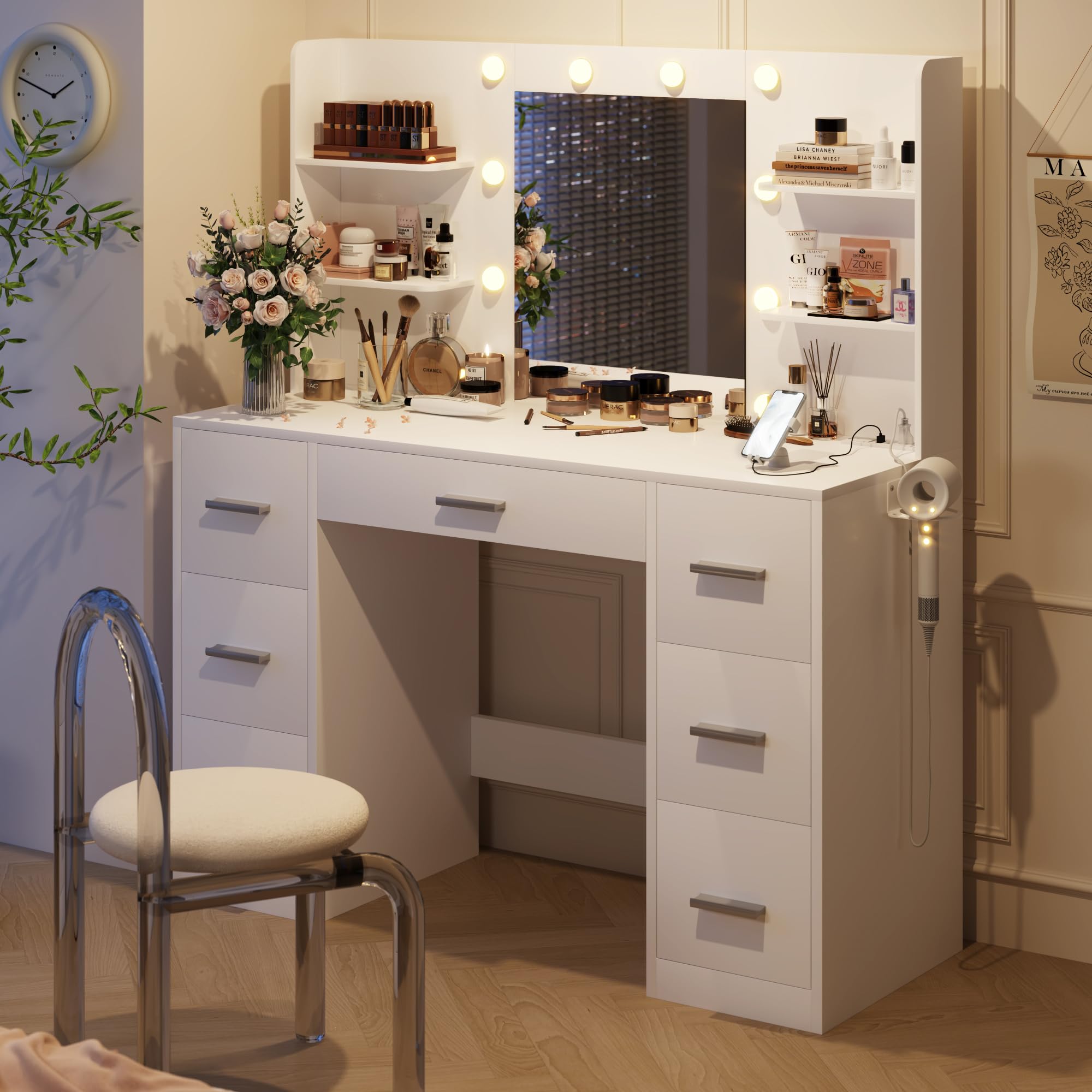 Yeshomy Vanity Desk With Mirror, Power Outlet And 10 Lights, Makeup Table With 7 Drawers, 3 Color Modes Available For Bedroom, White