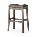 Maven Lane Adrien 31 Inch Bar Height Backless Saddle Barstool in Reclaimed Oak Finish with Ronan Stone Vegan Leather Cushion Sea