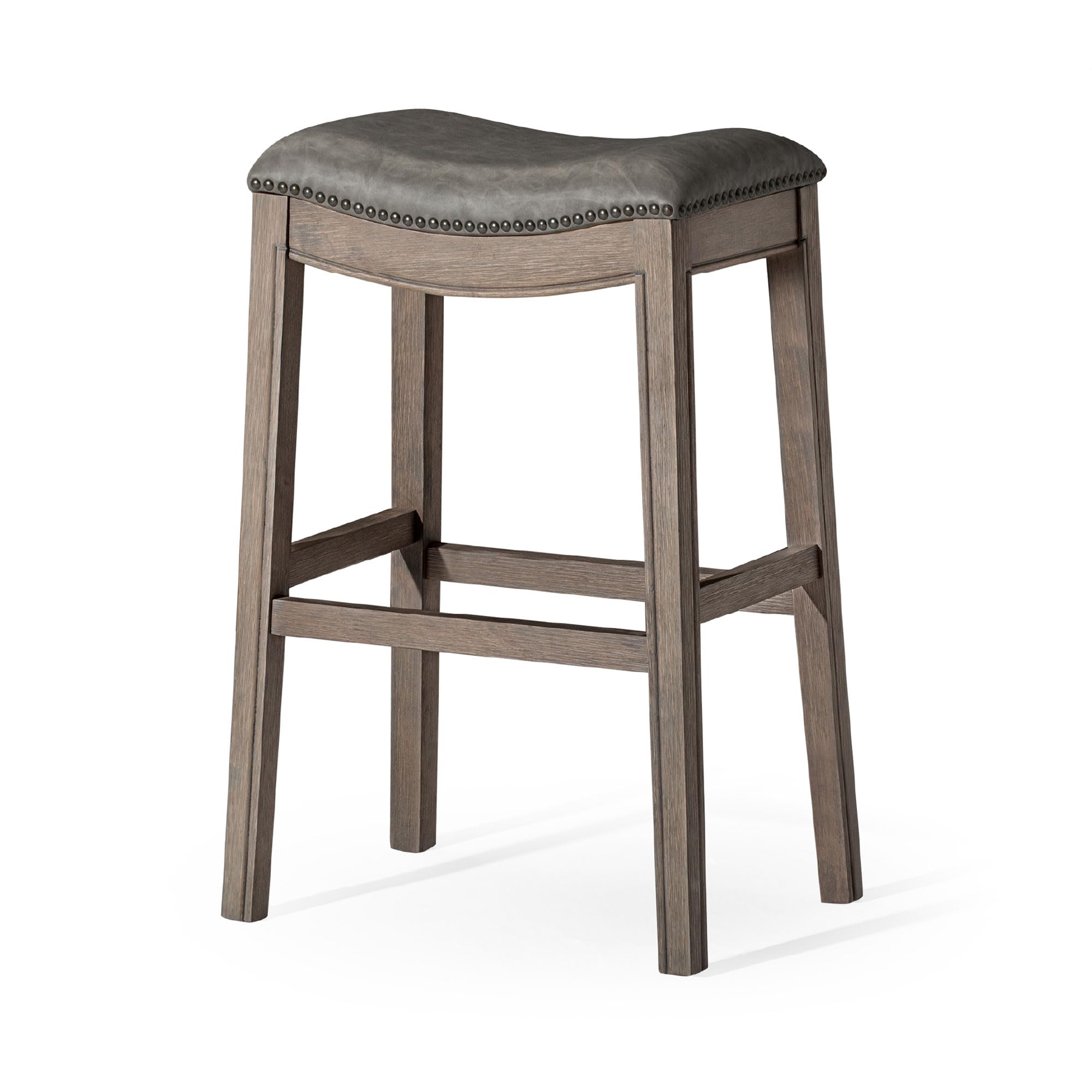 Maven Lane Adrien 31 Inch Bar Height Backless Saddle Barstool in Reclaimed Oak Finish with Ronan Stone Vegan Leather Cushion Sea