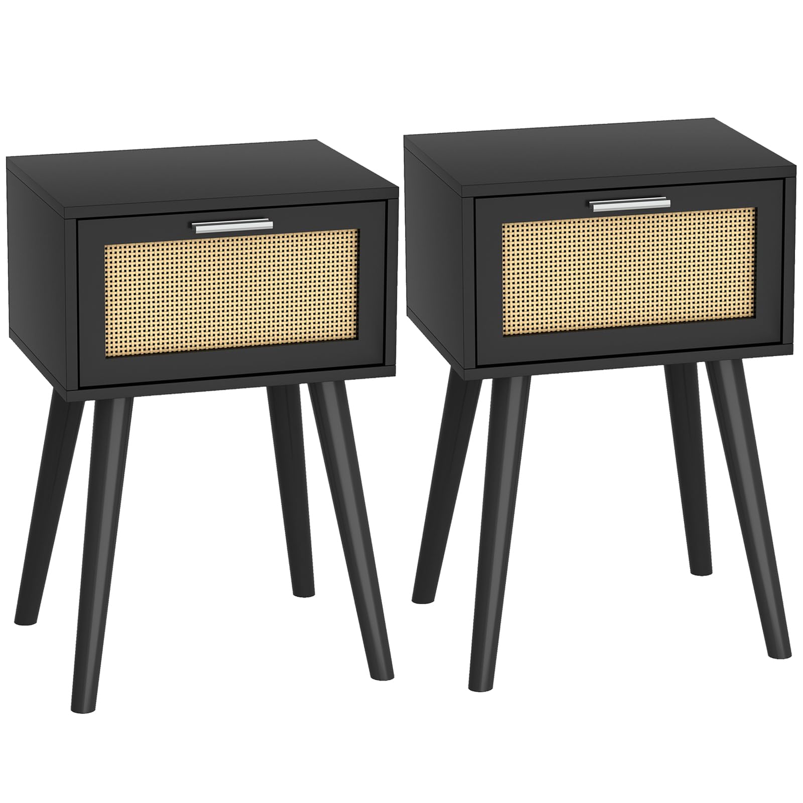 LAATOOREE Nightstand Set of 2, Small End Table with Rattan Door, Bedside Table with Solid Wood Feet, Boho Side Table for Bedroom