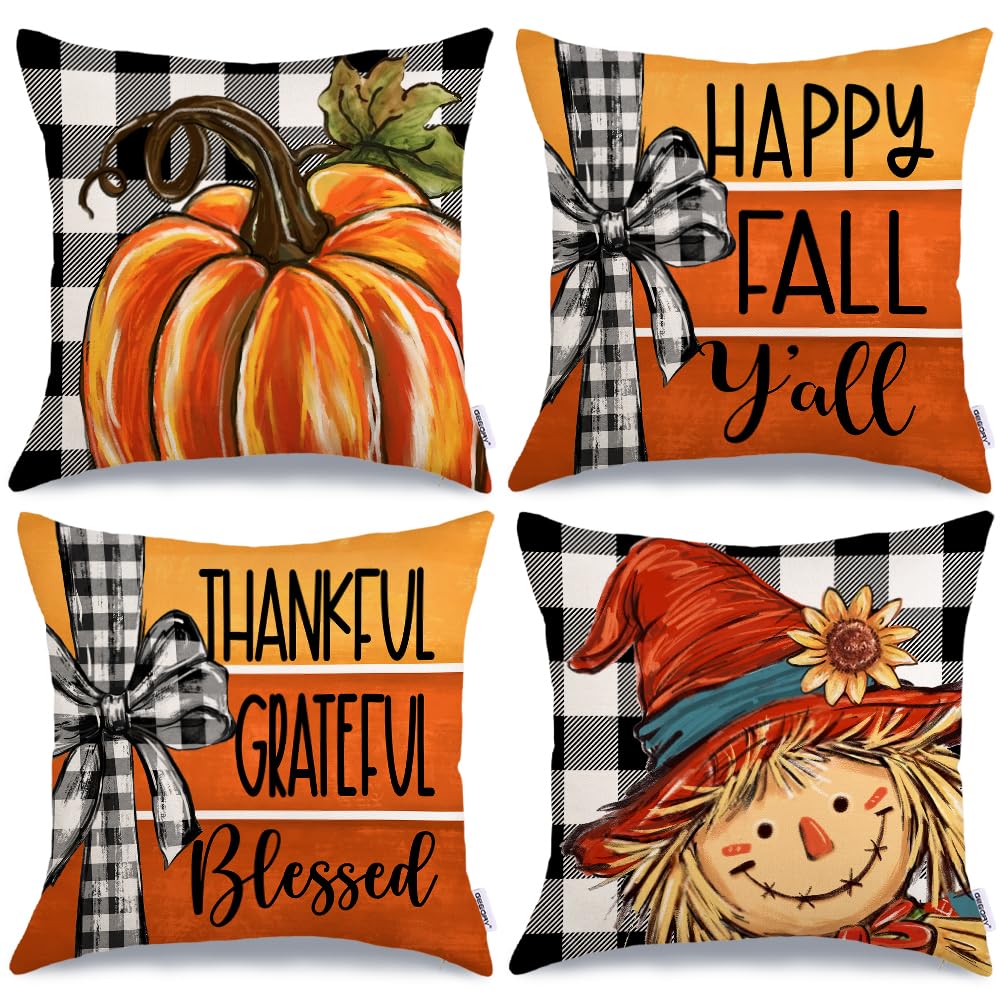Geeory Fall Throw Pillow Covers 16X16 Inch Set Of 4, Pumpkin Scarecrow Buffalo Plaid Orange Autumn Seasonal Decorative Farmhouse