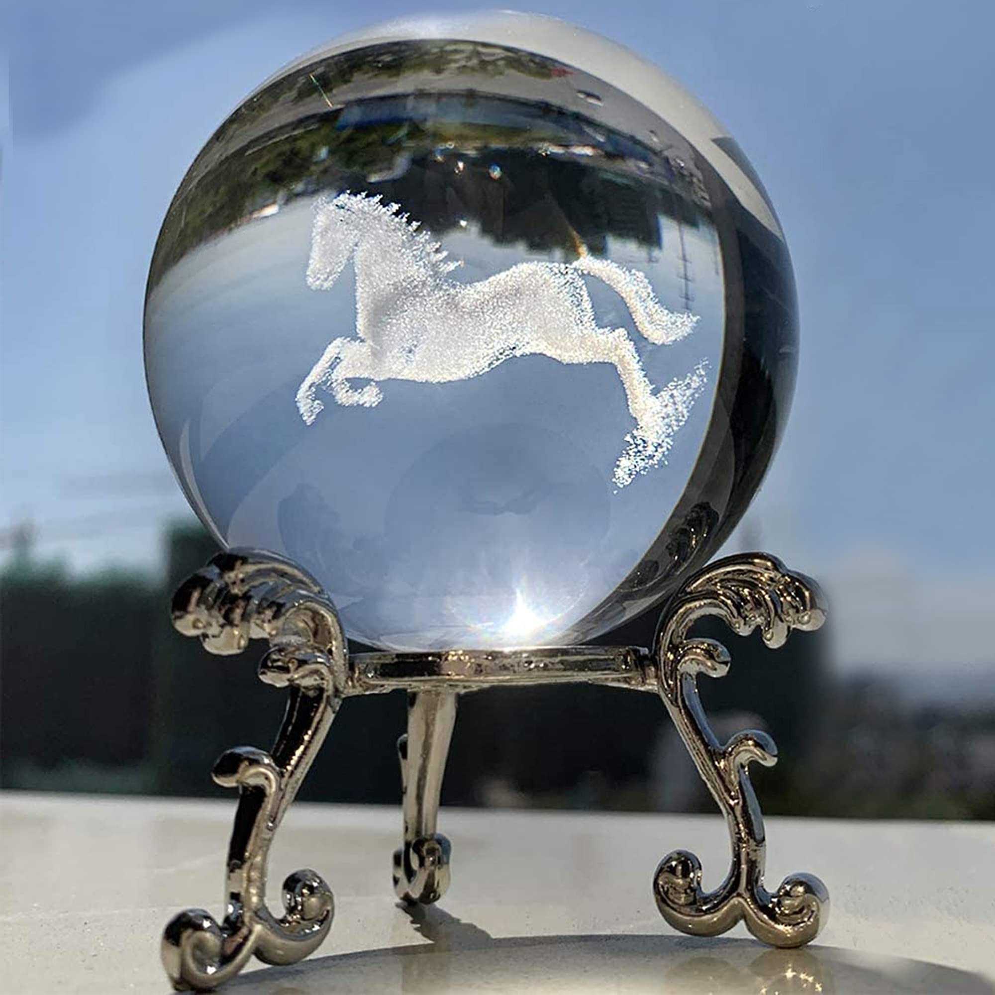 Hdcrystalgifts 60Mm 3D Carving Horse Decor Crystal Ball Paperweight With Stand Display For Home Office Table