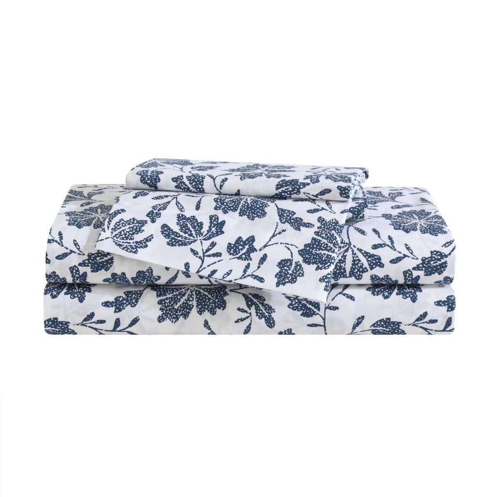 Eddie Bauer - King Sheet Set, Premium Cotton Percale Bedding Set, Floral Home Decor, Oeko-Tex Certified (Woodblock Floral Blue, King)