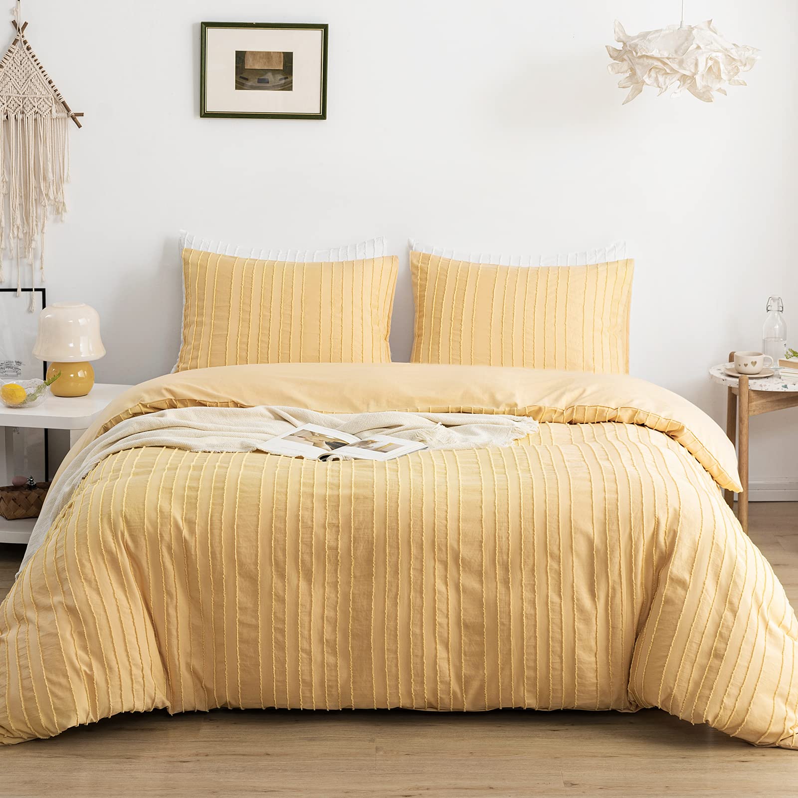 Warmdern Yellow Boho Duvet Cover Set Queen Size, Striped Textured Duvet Cover Tufted Bedding Set, 3 Pcs Ultra Soft Washed Microf