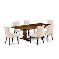 East West Furniture Alafr7-81-02 7 Piece Modern Dining Table Set Consist Of A Rectangle Wooden Table With Butterfly Leaf And 6 Light Beige Linen Fabric Parson Chairs, 42X92 Inch, Walnut