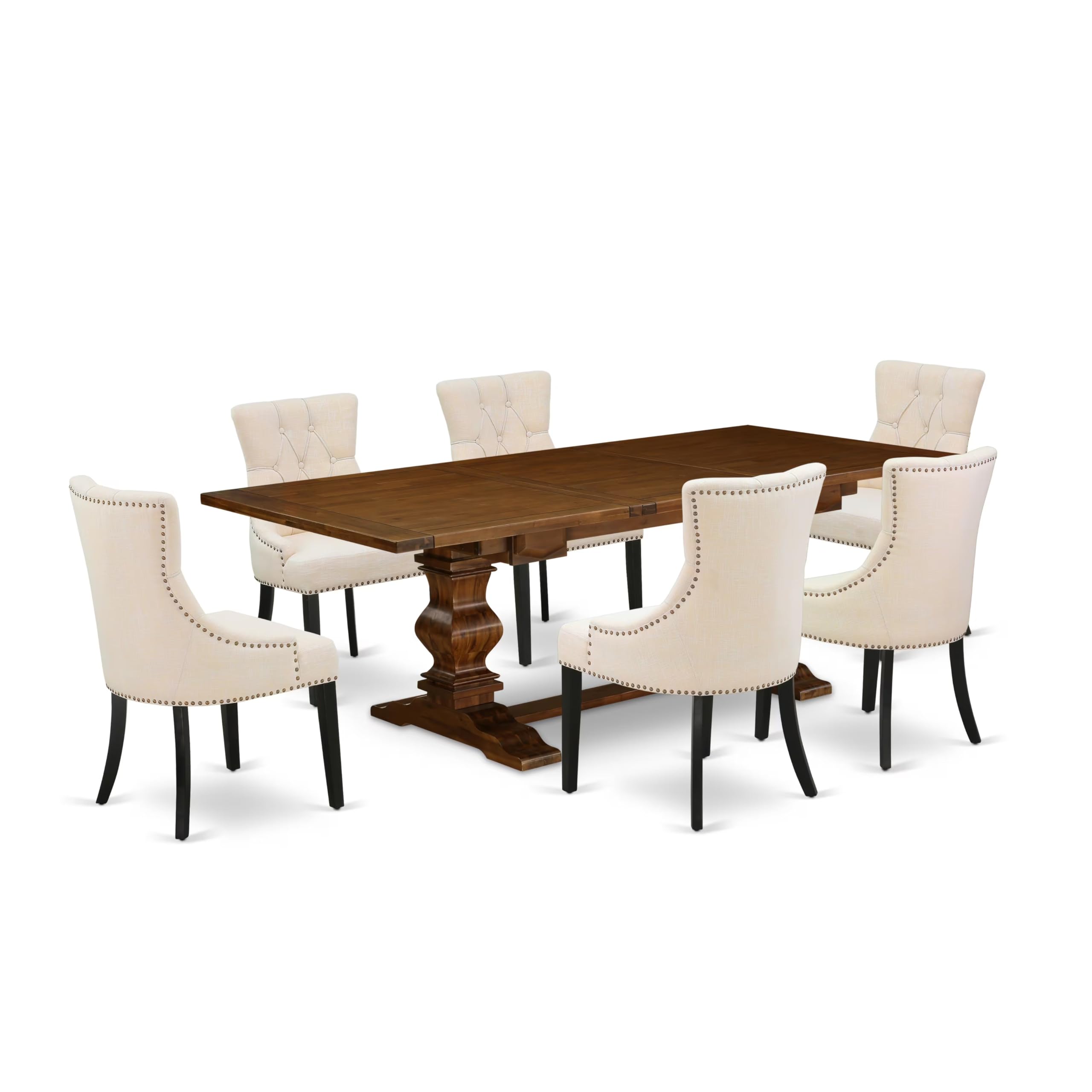 East West Furniture Alafr7-81-02 7 Piece Modern Dining Table Set Consist Of A Rectangle Wooden Table With Butterfly Leaf And 6 Light Beige Linen Fabric Parson Chairs, 42X92 Inch, Walnut