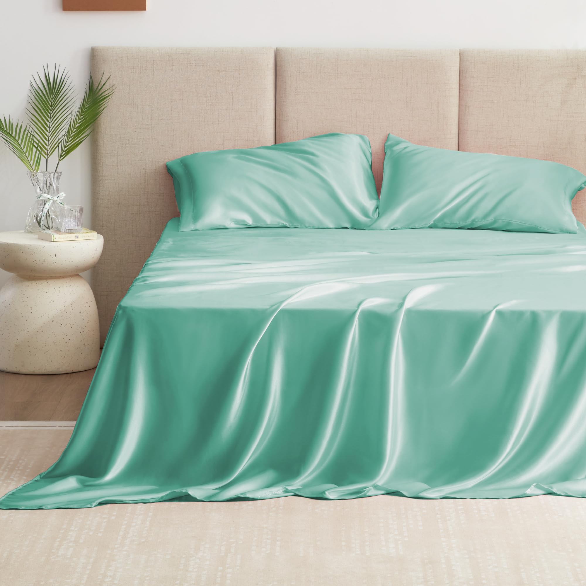 Love'S Cabin Satin Queen Sheets Set - 4 Piece Aqua Silky Satin Bed Sheets Queen Set With Deep Pocket, Luxury Silk Feel Satin Queen Size Sheet Set (1 Flat Sheet,1 Fitted Sheet,2 Pillow Cases)