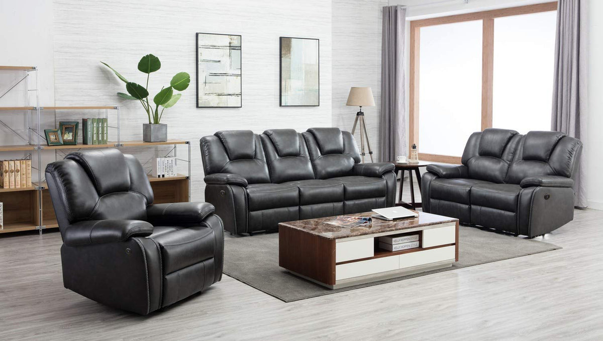 HomeRoots Leather Upholstery/Solid Wood Frame 185' X 114' X 120' Gray Power Reclining Sofa Set