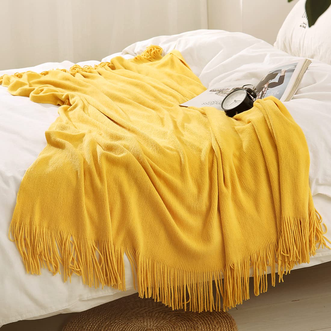 Homiest Decorative Knitted Throw Blanket With Fringe Soft & Cozy Tassel Blanket For Couch Sofa Bed (Yellow,50X60)