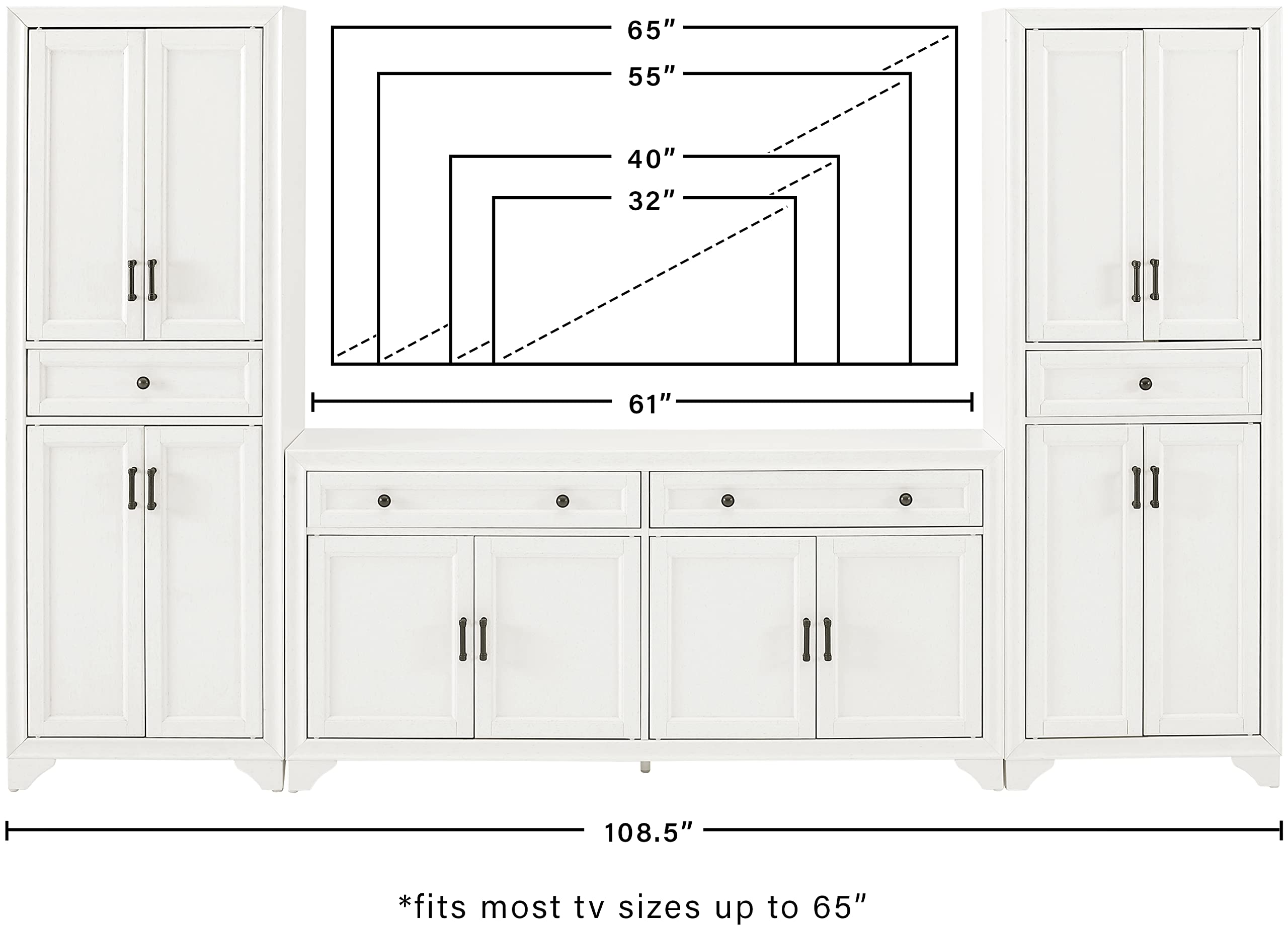 Crosley Furniture Tara 3-Piece Entertainment Center with TV Stand, Storage Cabinets, and Adjustable Shelves, Distressed White
