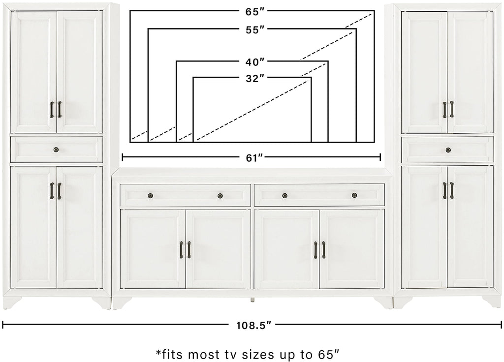 Crosley Furniture Tara 3-Piece Entertainment Center with TV Stand, Storage Cabinets, and Adjustable Shelves, Distressed White