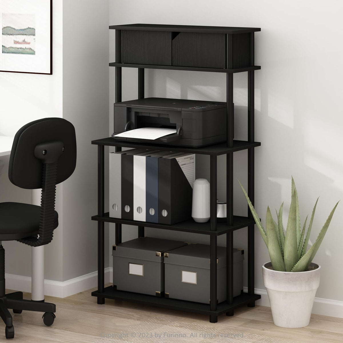 Furinno Turn-N-Tube Toolless Multipurpose Printer Stand Display Storage Shelf With Top Cabinet, Americano/Black